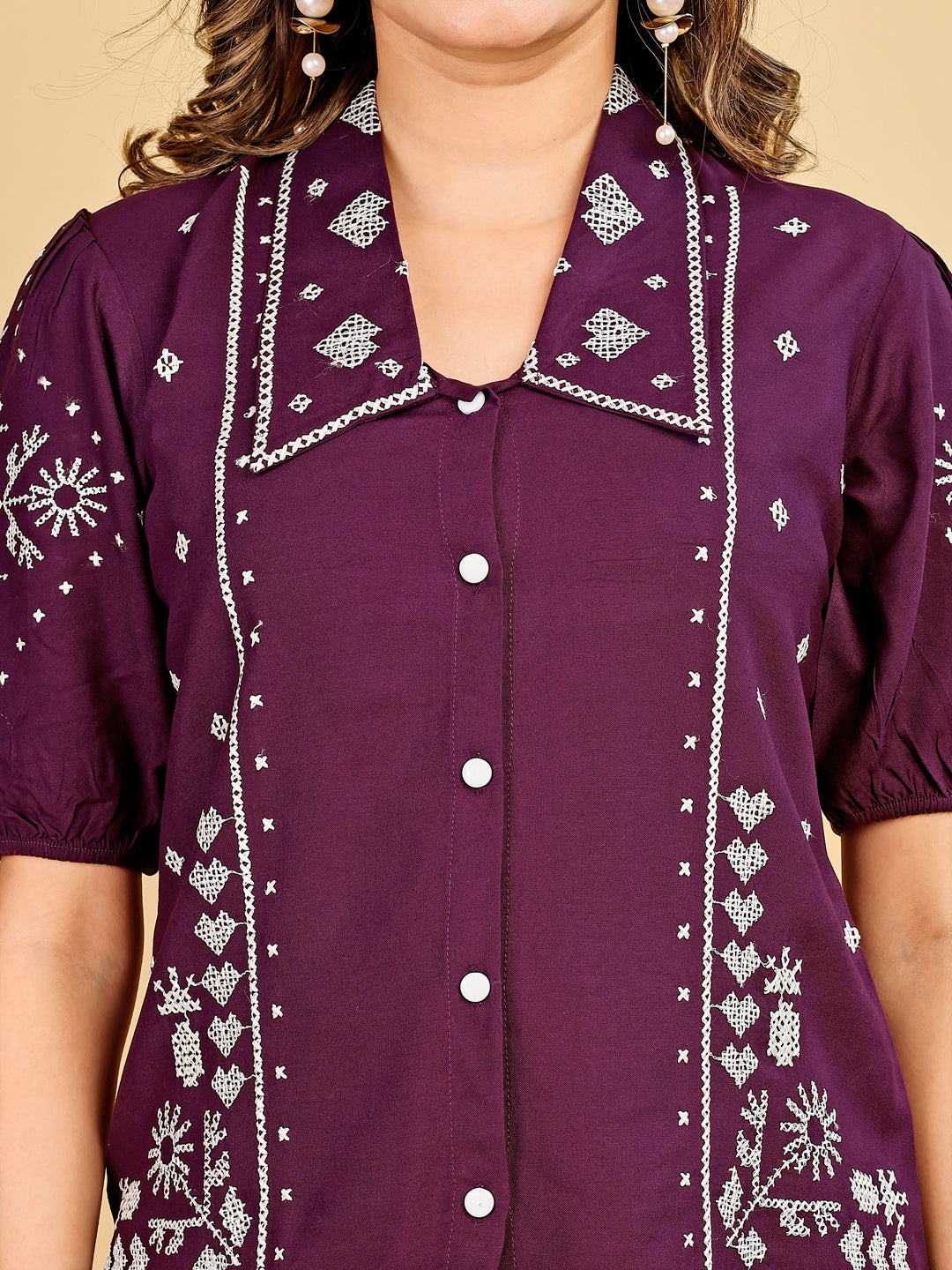Tikhi Imli Purple color rayon with white thread embroidery shirt and shorts Co-ord Set