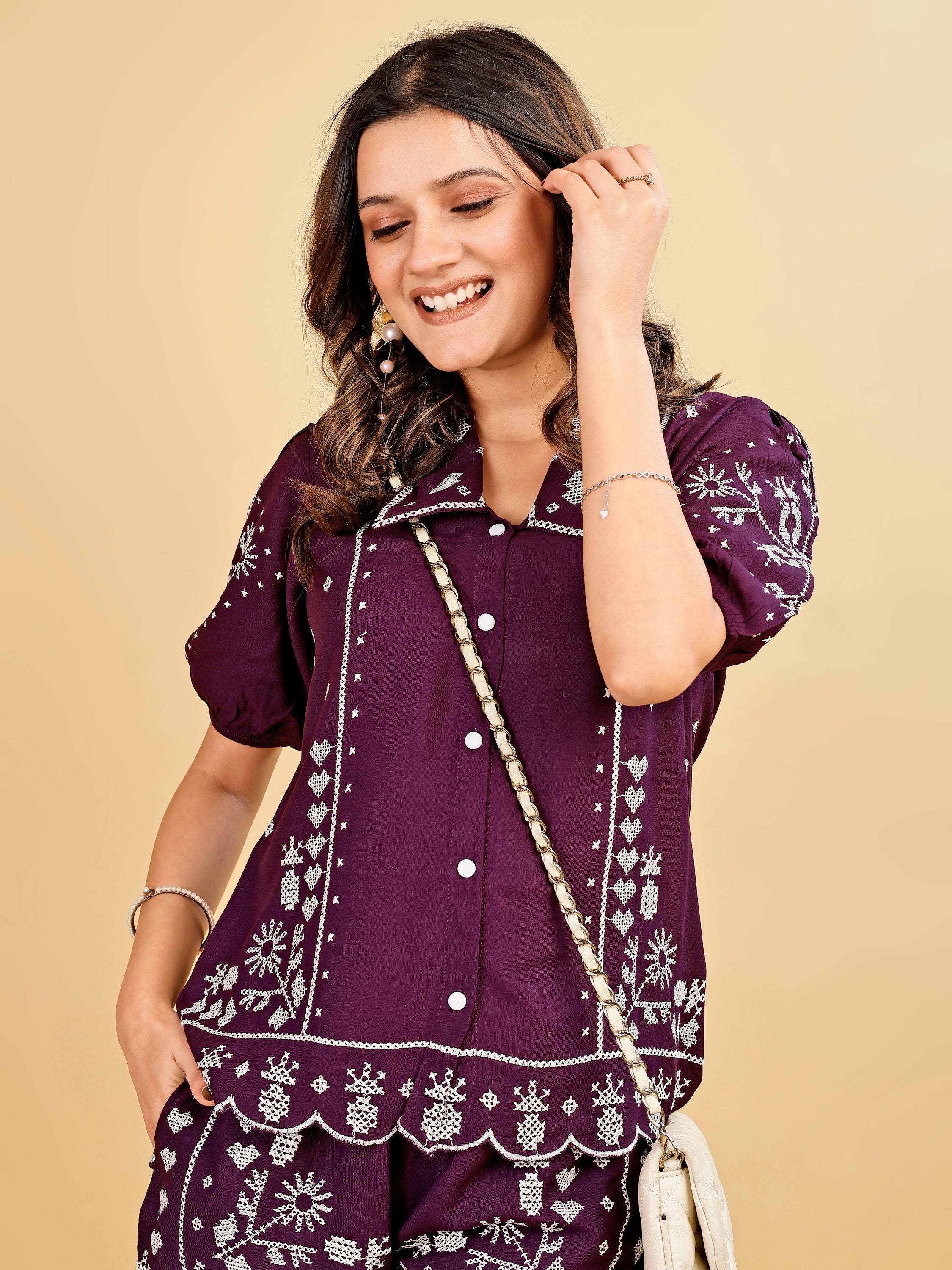 Tikhi Imli Purple color rayon with white thread embroidery shirt and shorts Co-ord Set