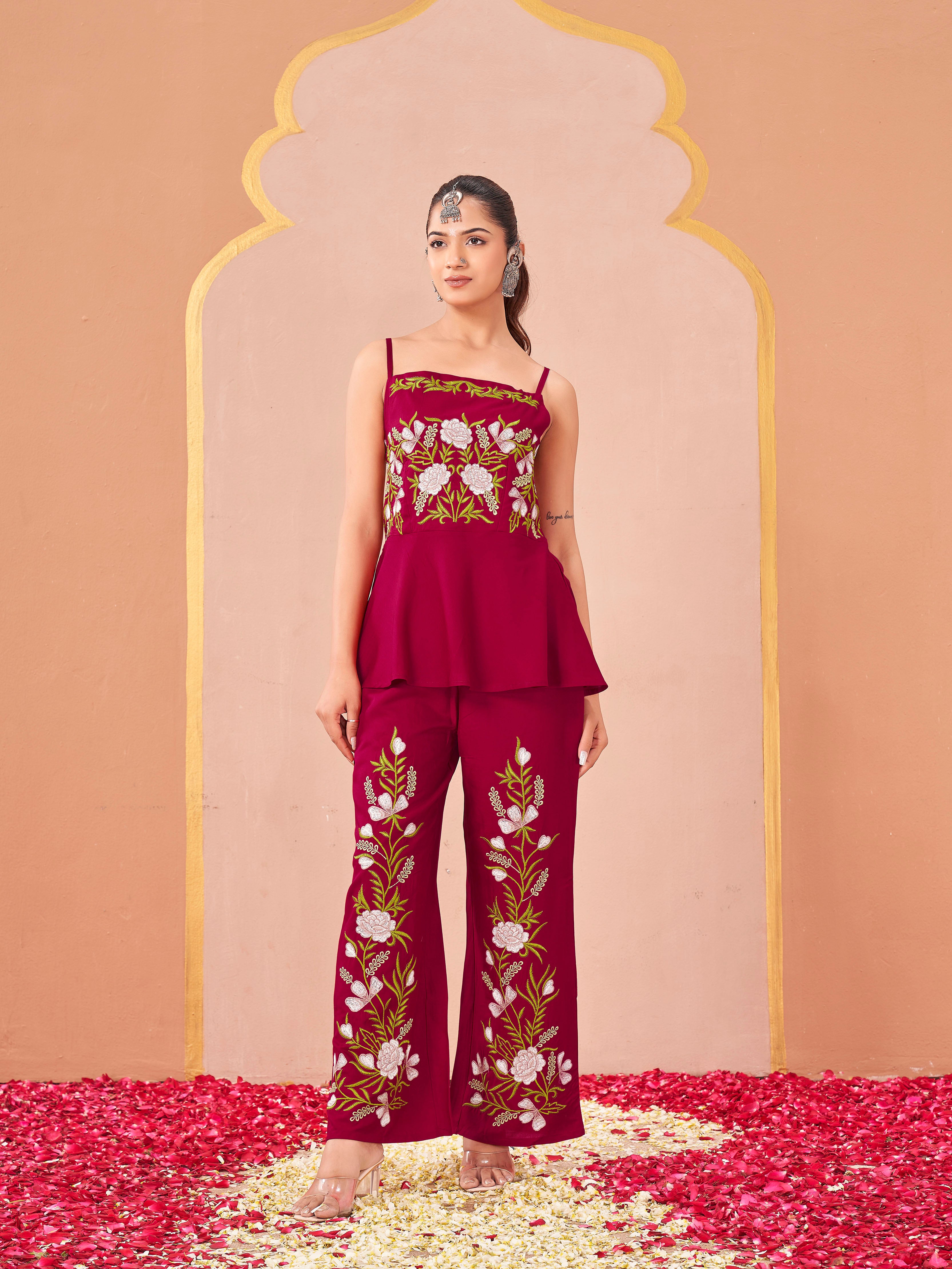 Red color rayon with thread embroidered work top & plazzo co-ord set