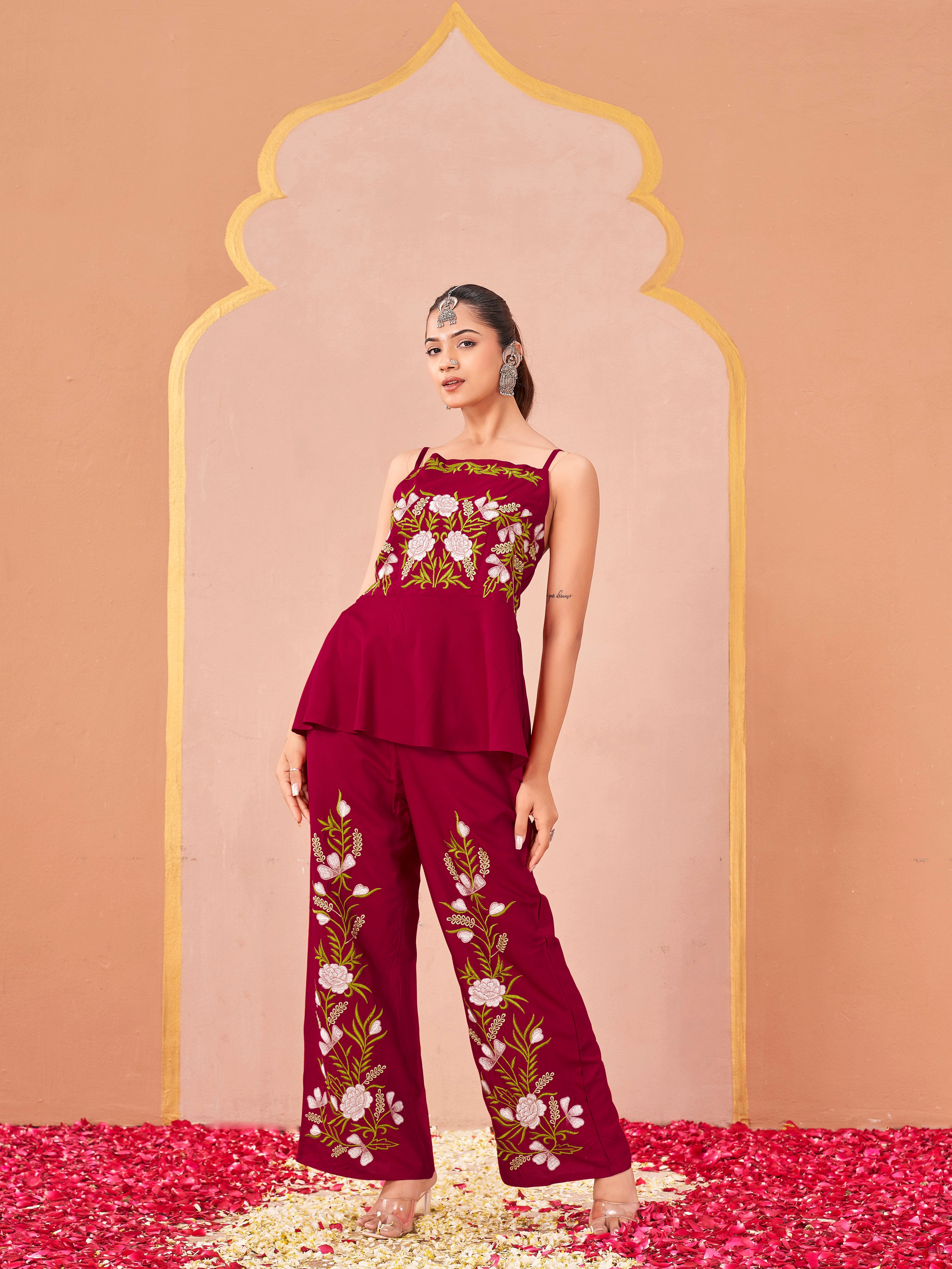 Red color rayon with thread embroidered work top & plazzo co-ord set