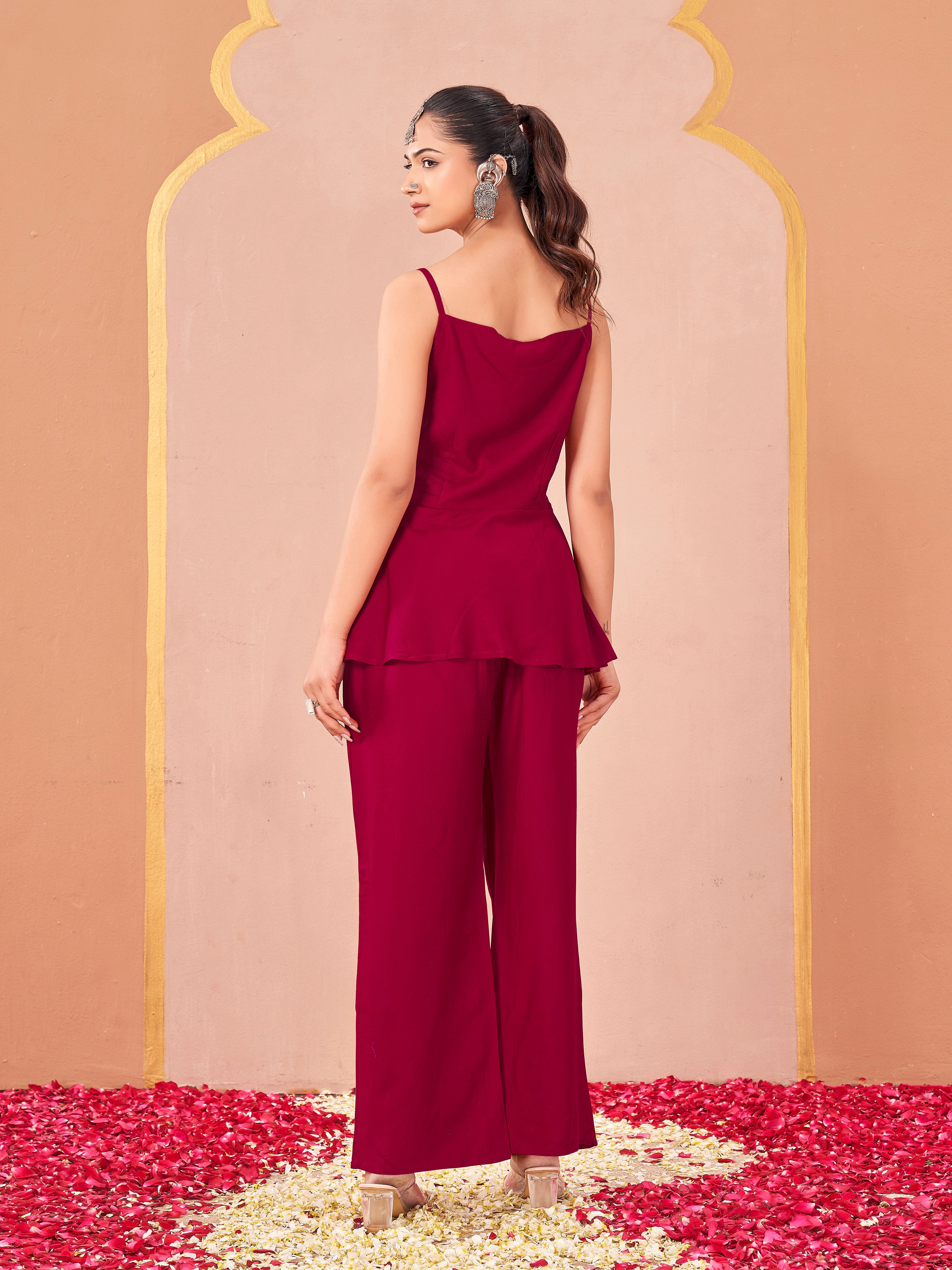 Red color rayon with thread embroidered work top & plazzo co-ord set