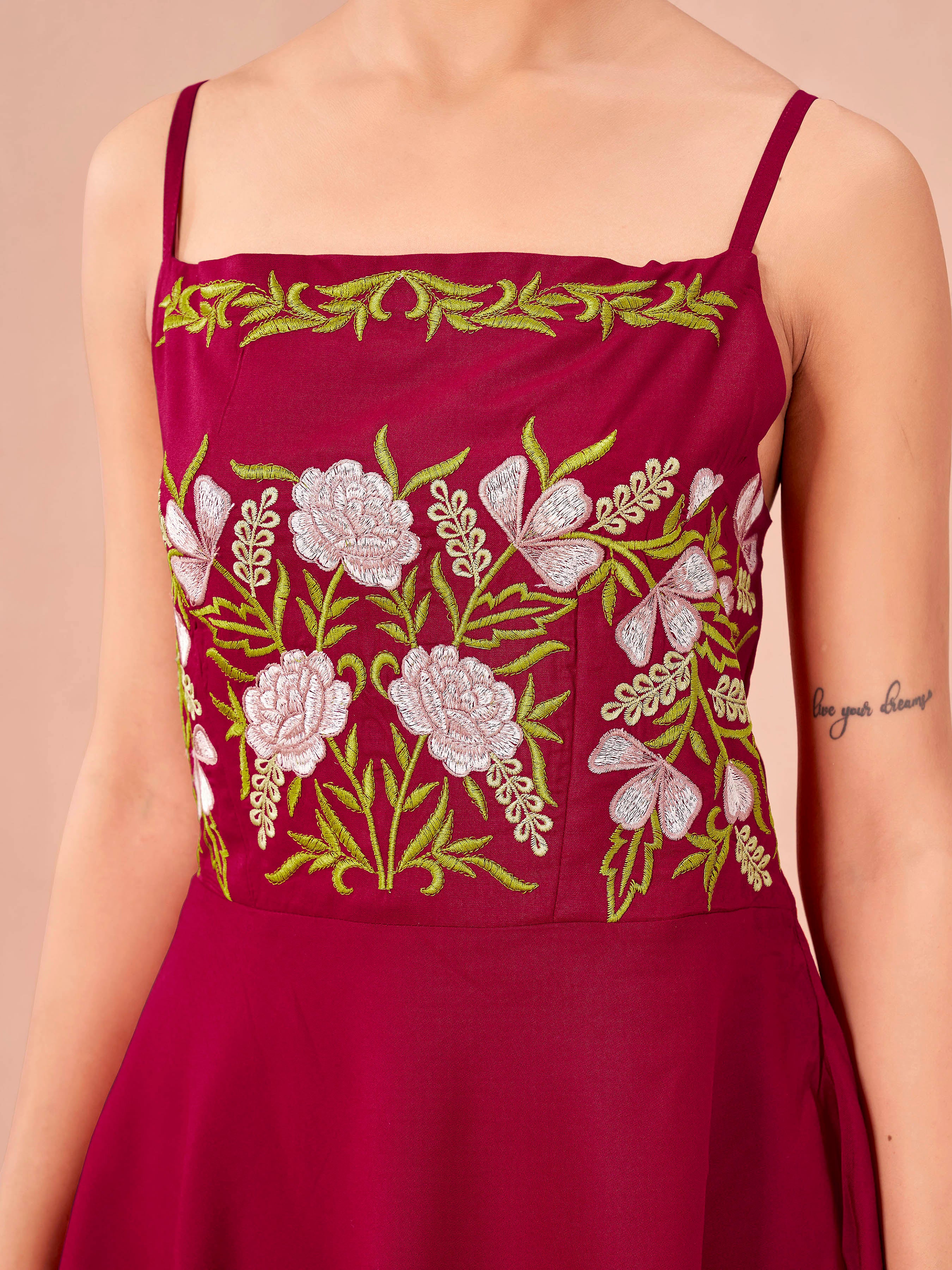 Red color rayon with thread embroidered work top & plazzo co-ord set