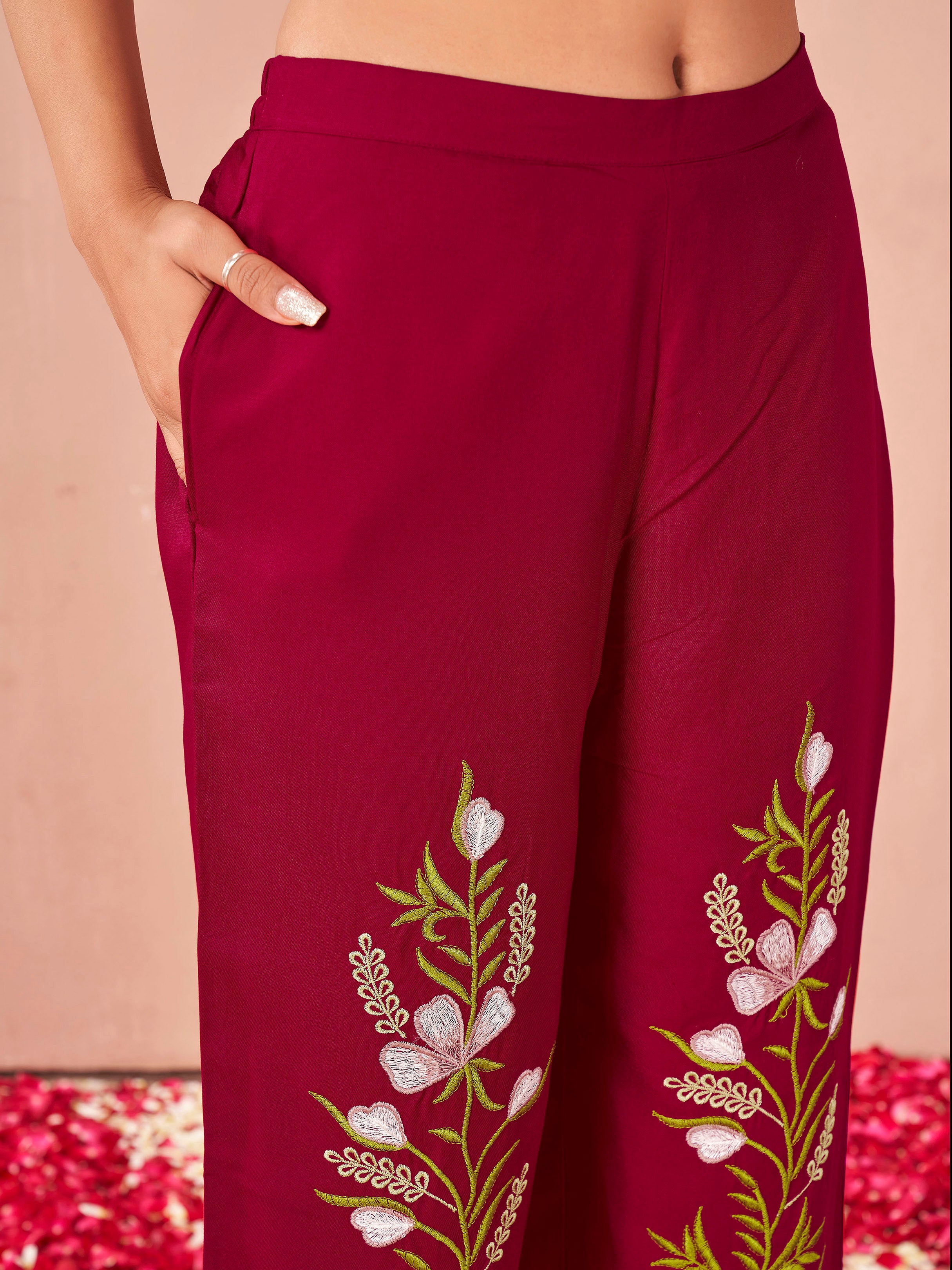Red color rayon with thread embroidered work top & plazzo co-ord set