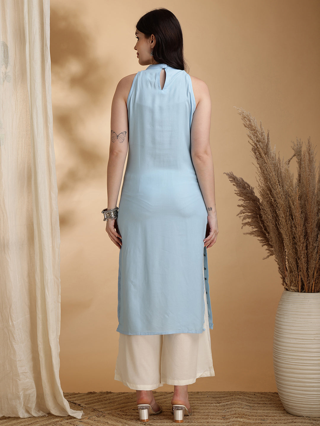 Sky Blue Rayon With Full Embroidered Straight Cut Sleeveless Cor-ord Set