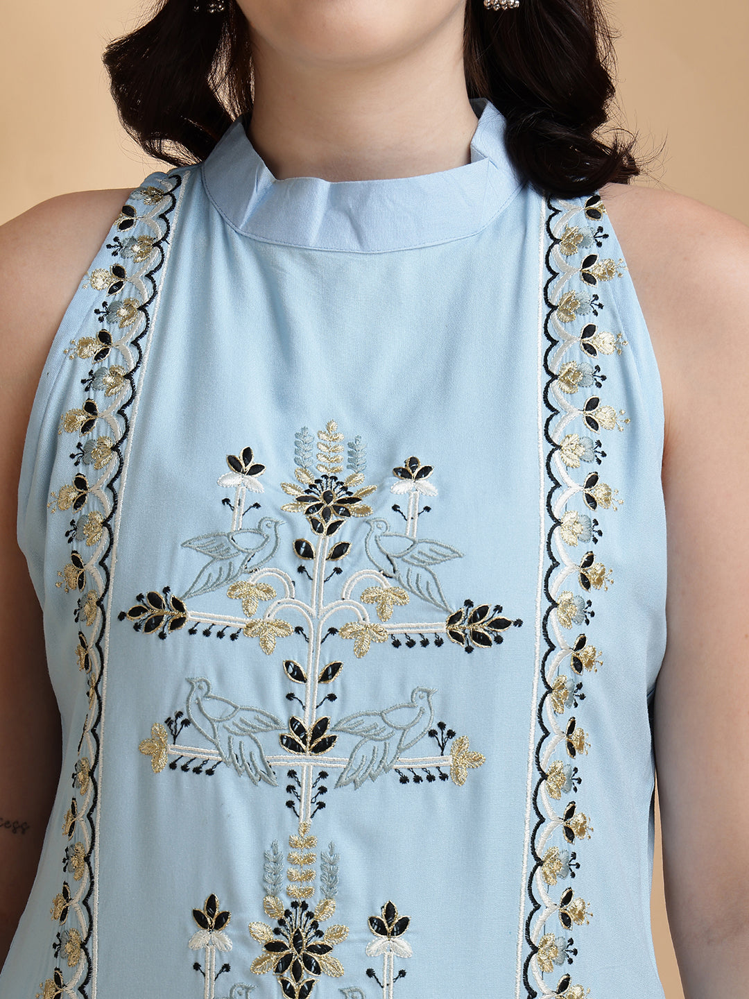 Sky Blue Rayon With Full Embroidered Straight Cut Sleeveless Cor-ord Set