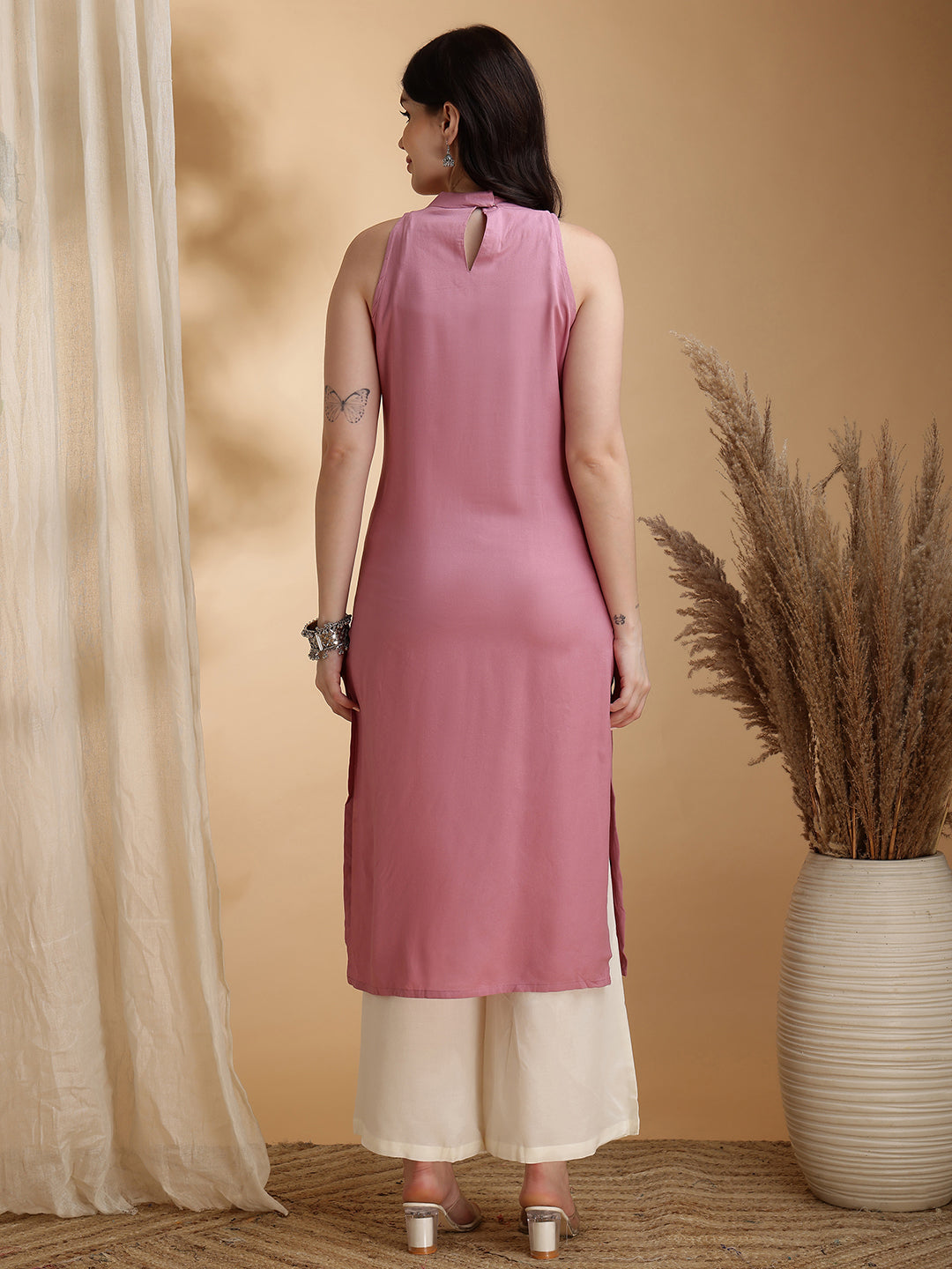 Candy Floss Pink Rayon With Full Embroidered Straight Cut Sleeveless Cor-ord Set
