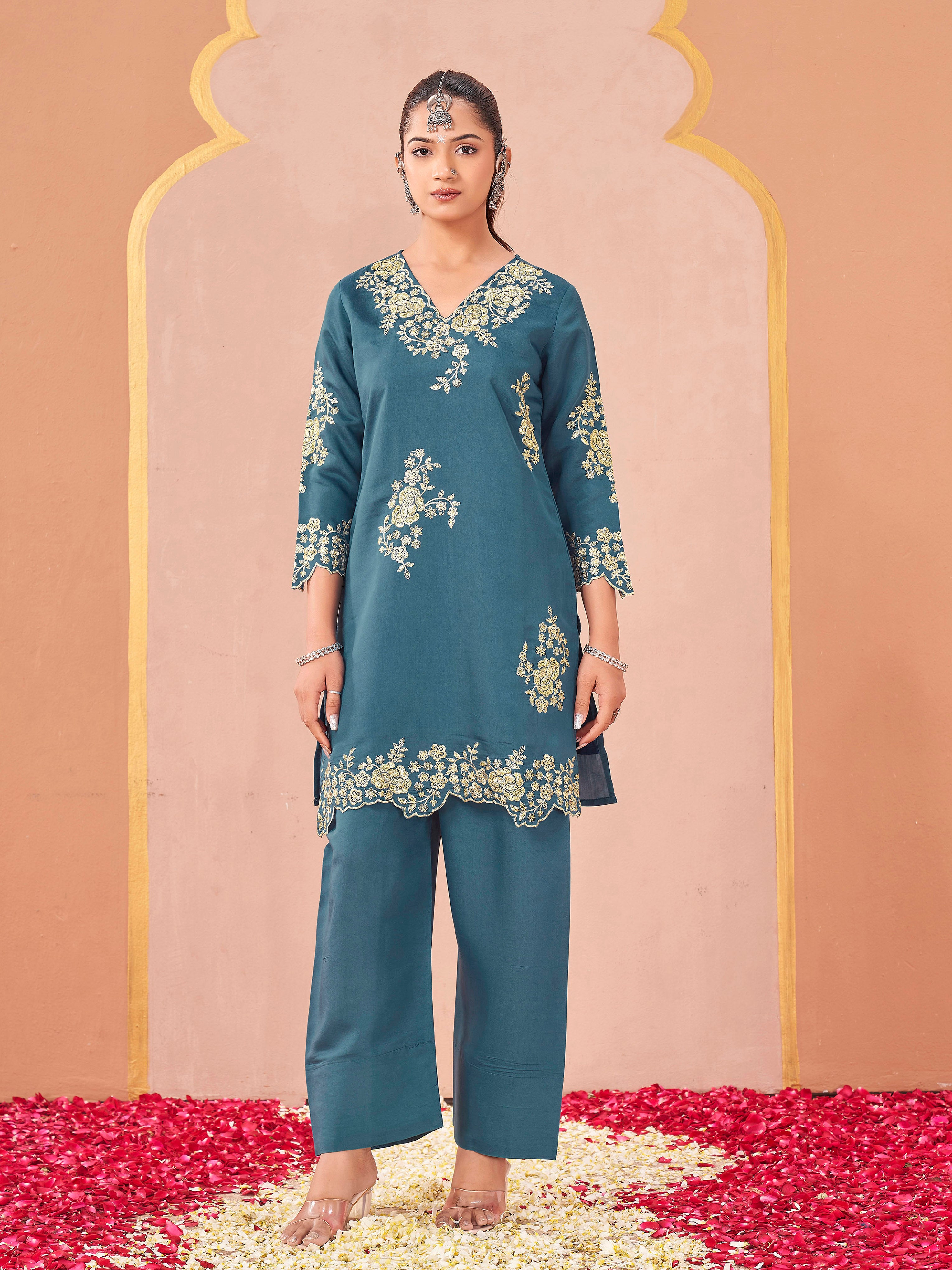 Teal color silk blend with sequance and thread embroidered work tunic & farsi slwar co-ord set