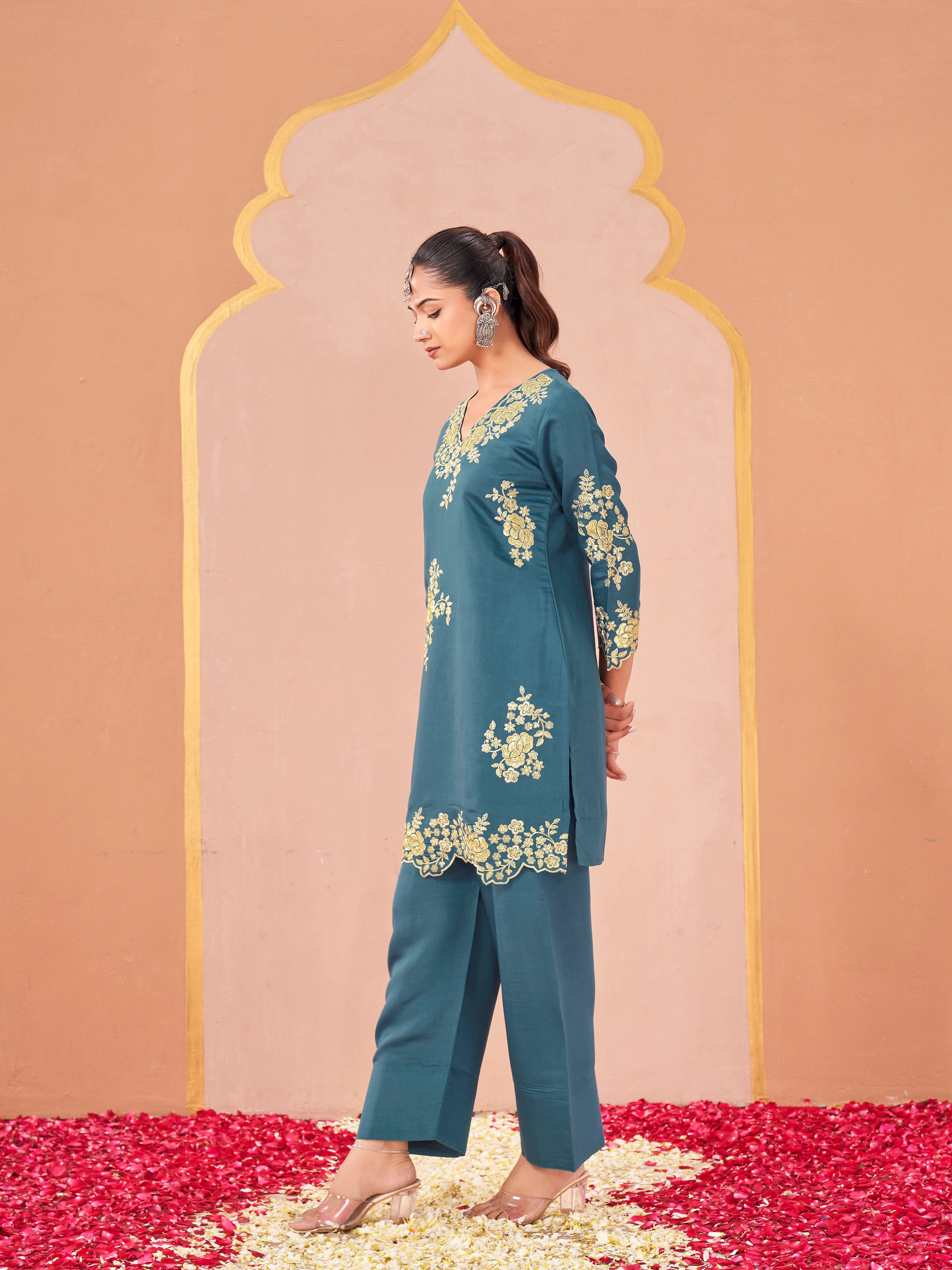 Teal color silk blend with sequance and thread embroidered work tunic & farsi slwar co-ord set