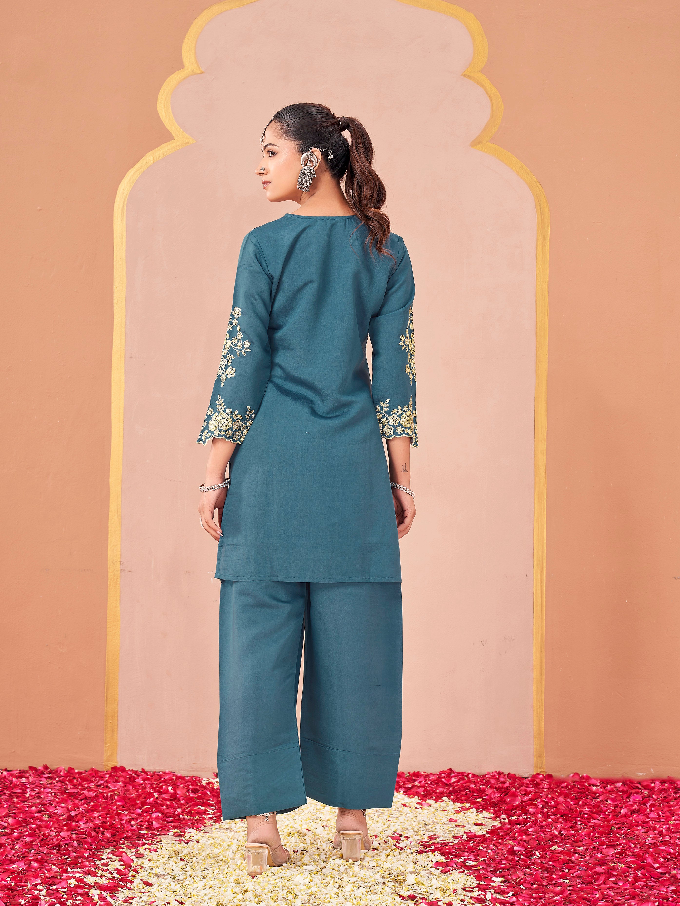 Teal color silk blend with sequance and thread embroidered work tunic & farsi slwar co-ord set