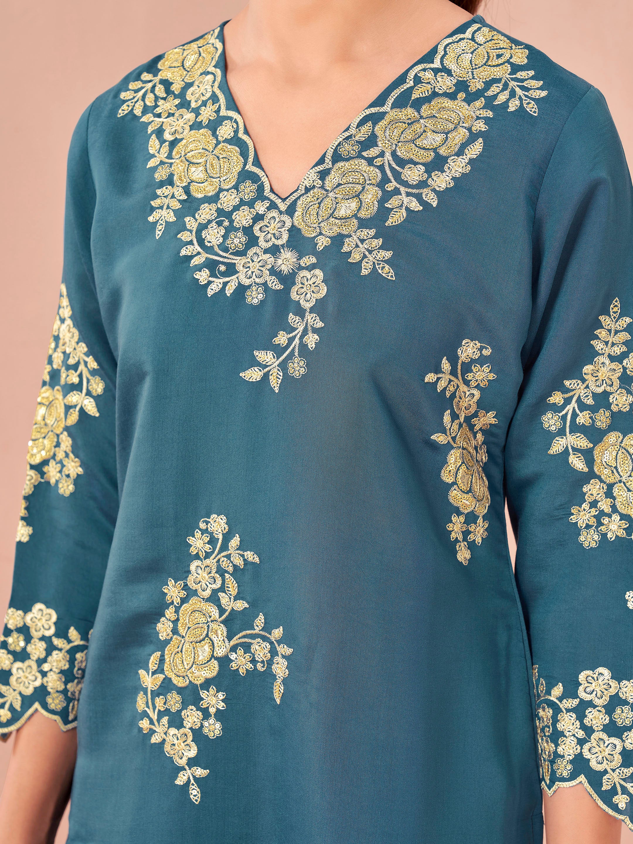Teal color silk blend with sequance and thread embroidered work tunic & farsi slwar co-ord set