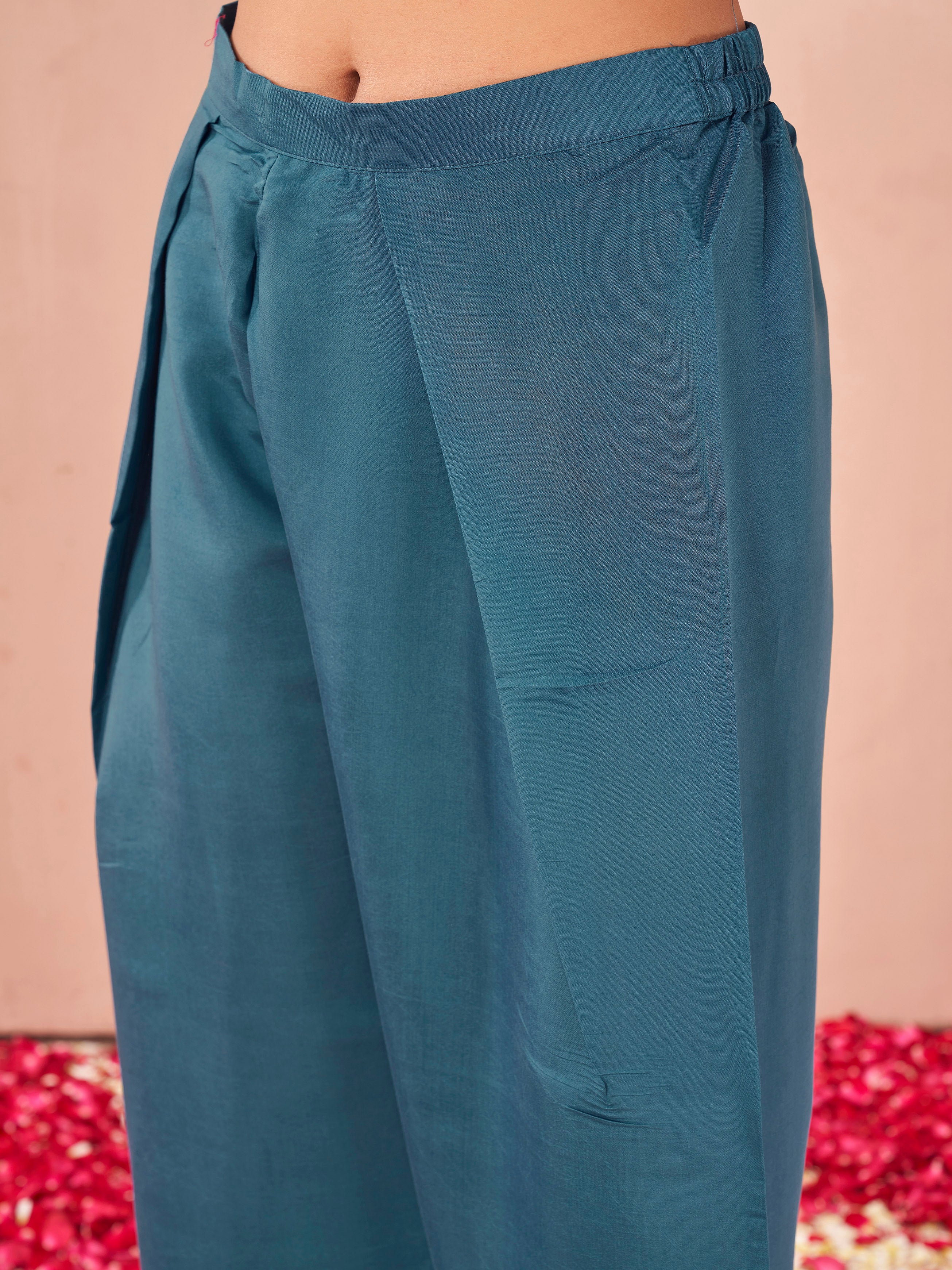 Teal color silk blend with sequance and thread embroidered work tunic & farsi slwar co-ord set