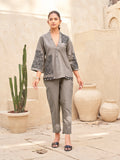 Khaki color pure cotton with black thread embroidered shirt & trouser co-ord set