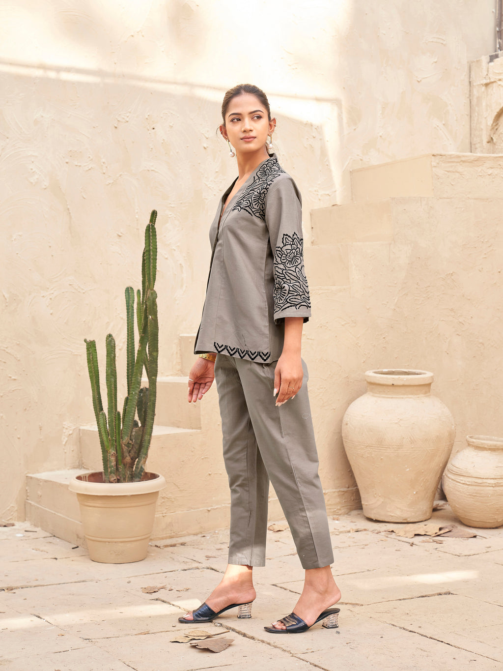 Khaki color pure cotton with black thread embroidered shirt & trouser co-ord set