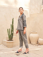 Khaki color pure cotton with black thread embroidered shirt & trouser co-ord set