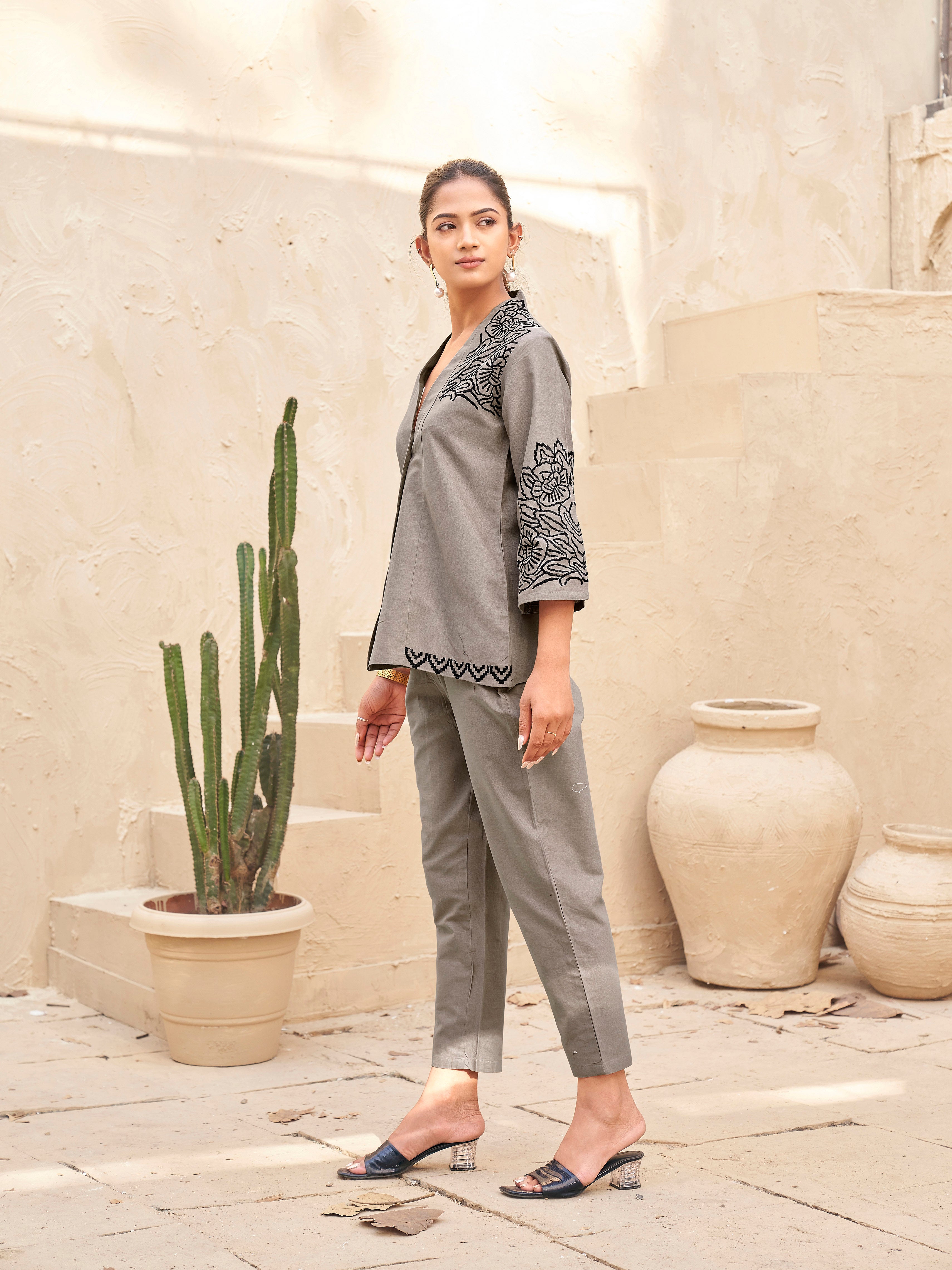 Khaki color pure cotton with black thread embroidered shirt & trouser co-ord set