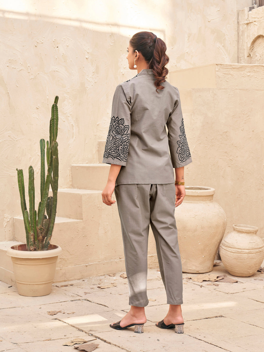 Khaki color pure cotton with black thread embroidered shirt & trouser co-ord set