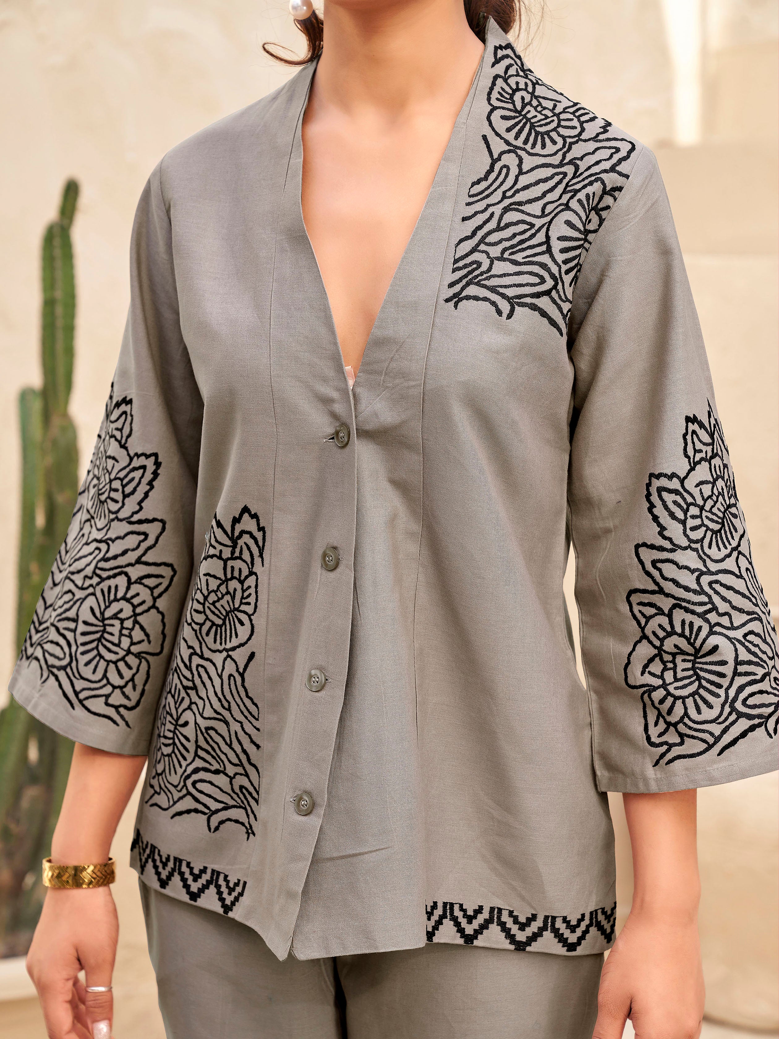 Khaki color pure cotton with black thread embroidered shirt & trouser co-ord set