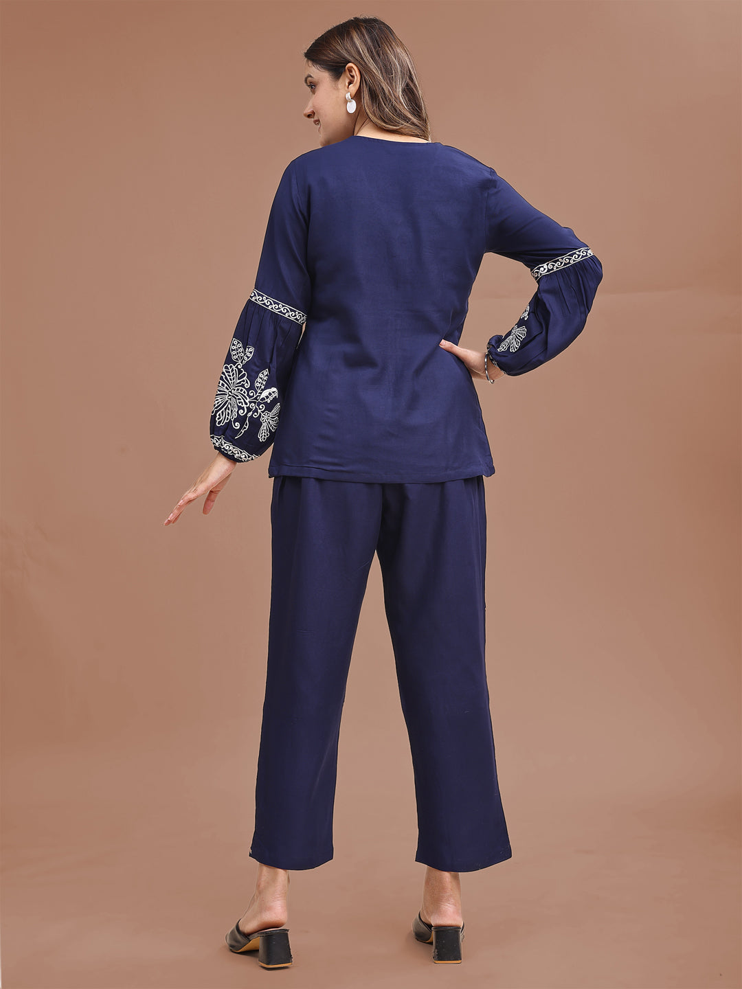 Blue Colored Rayon With White Thread Embroidered Tunic & Trouser Co-ord Set