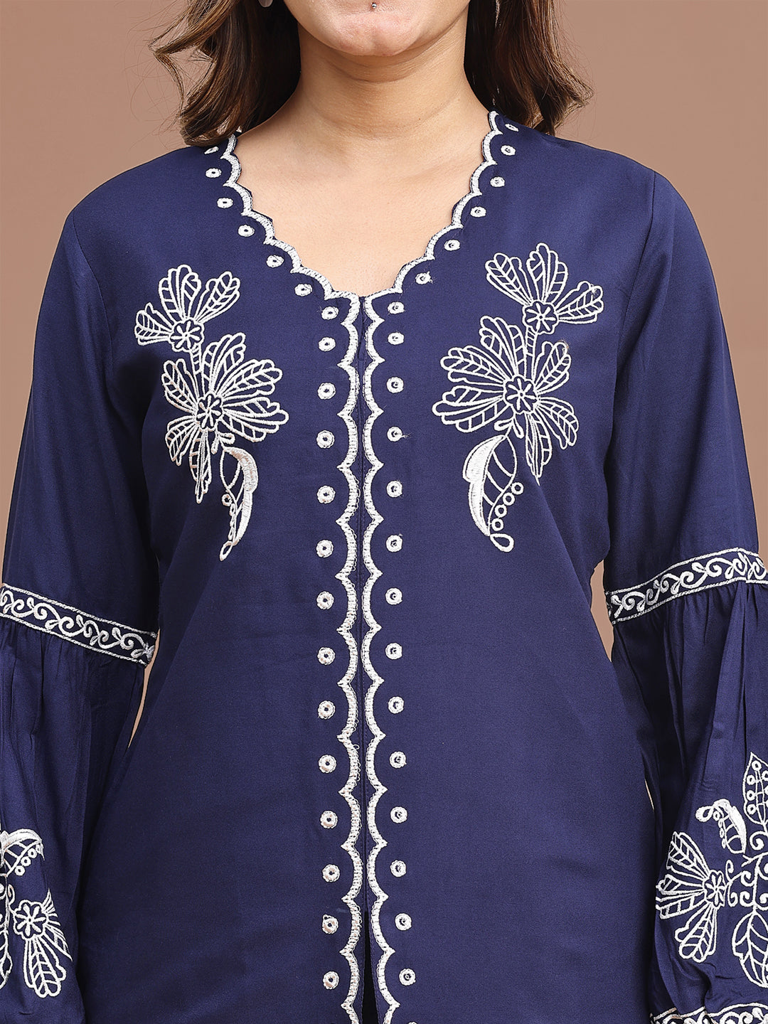 Blue Colored Rayon With White Thread Embroidered Tunic & Trouser Co-ord Set