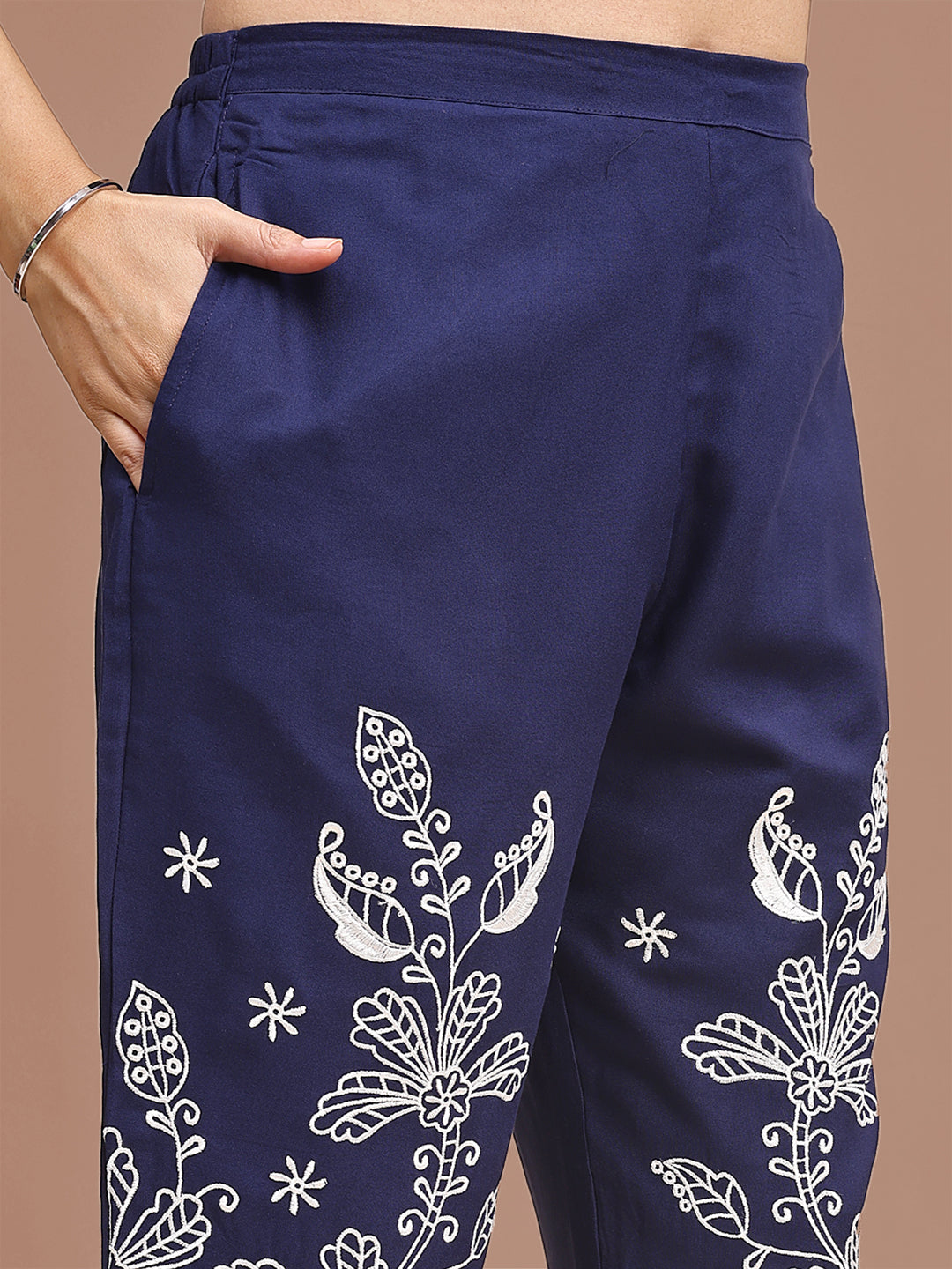 Blue Colored Rayon With White Thread Embroidered Tunic & Trouser Co-ord Set