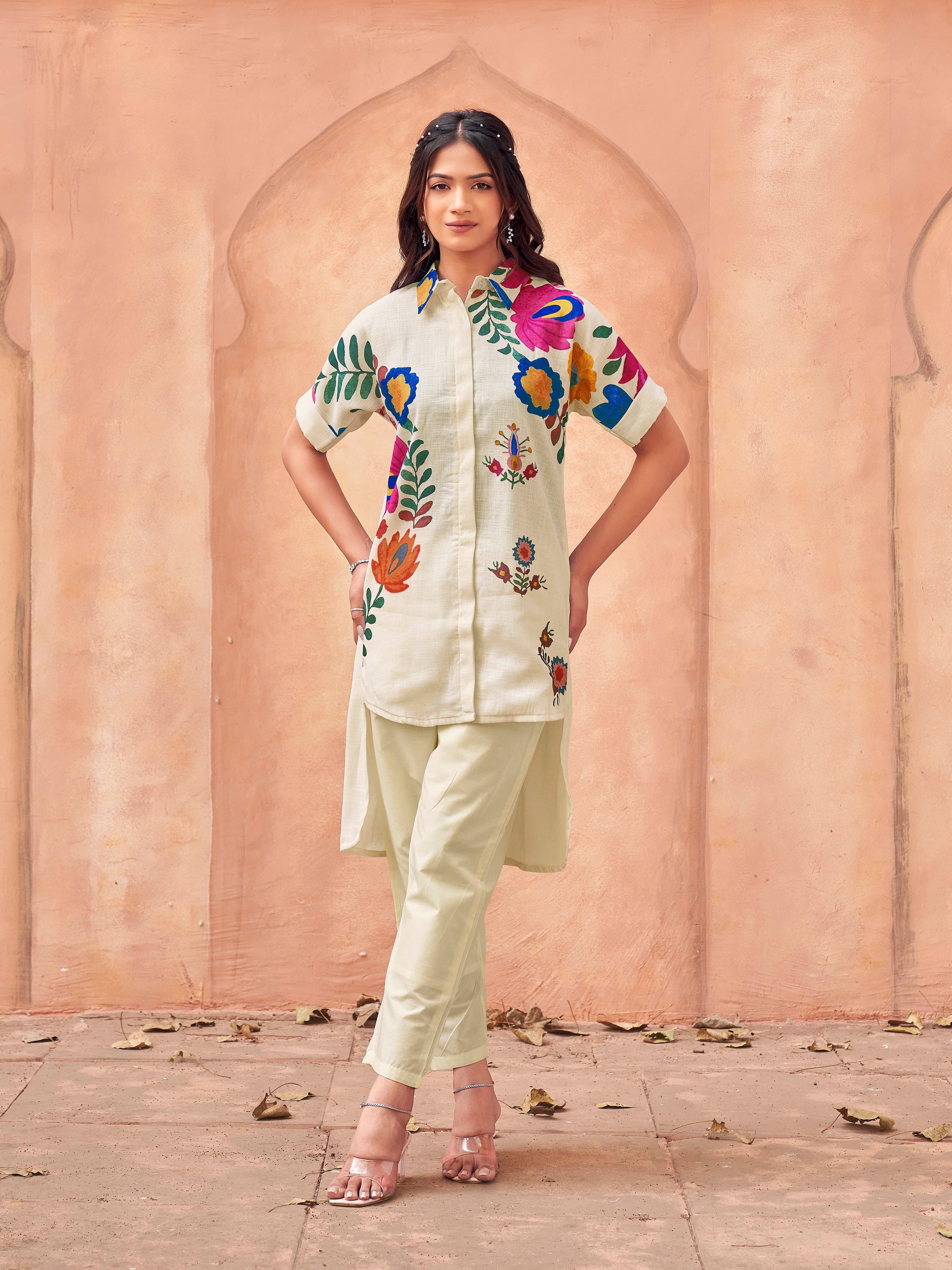 Off white color cotton blend with multi color floral printed up&down tunic & trouser co-ord set