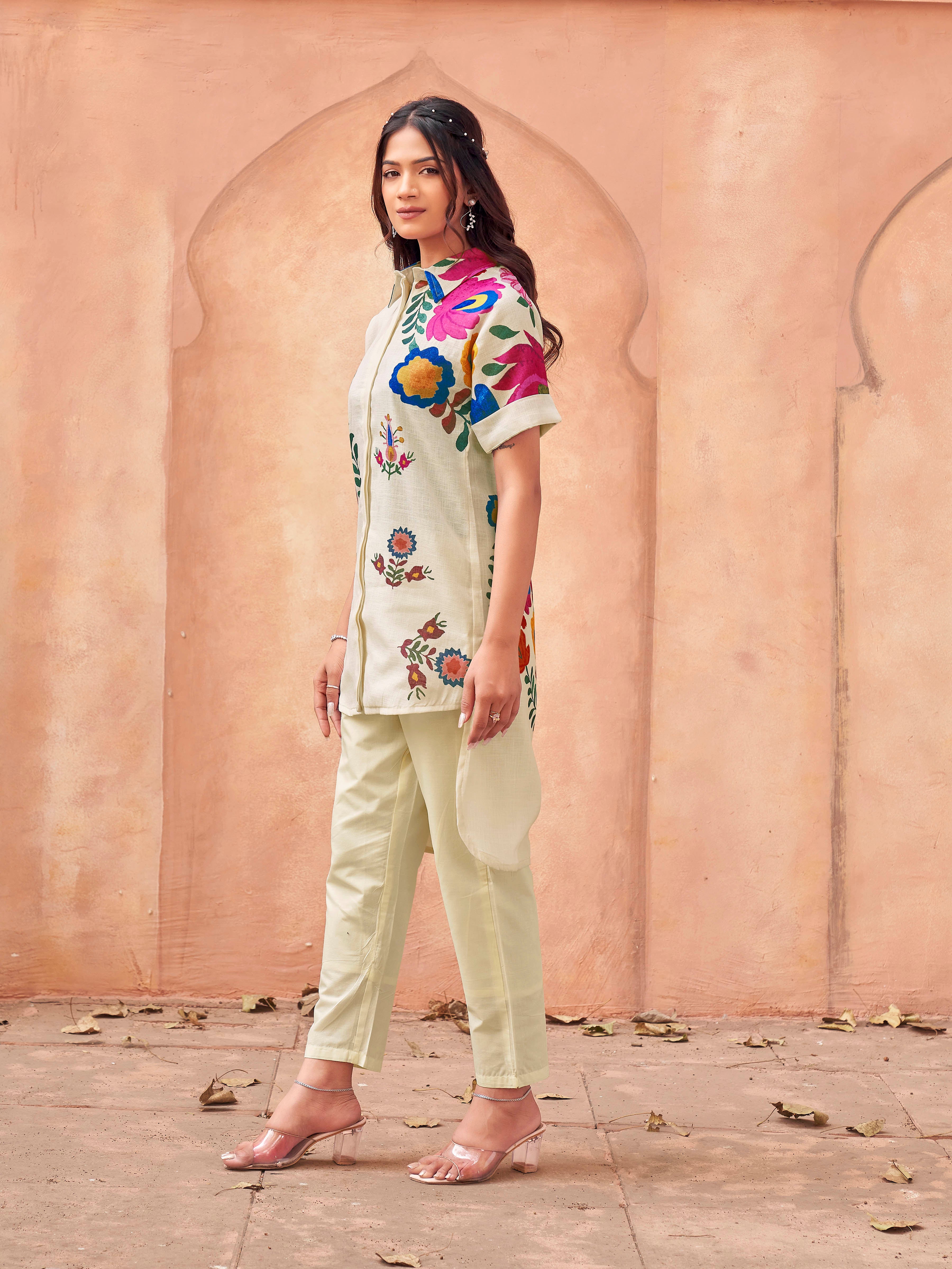 Off white color cotton blend with multi color floral printed up&down tunic & trouser co-ord set