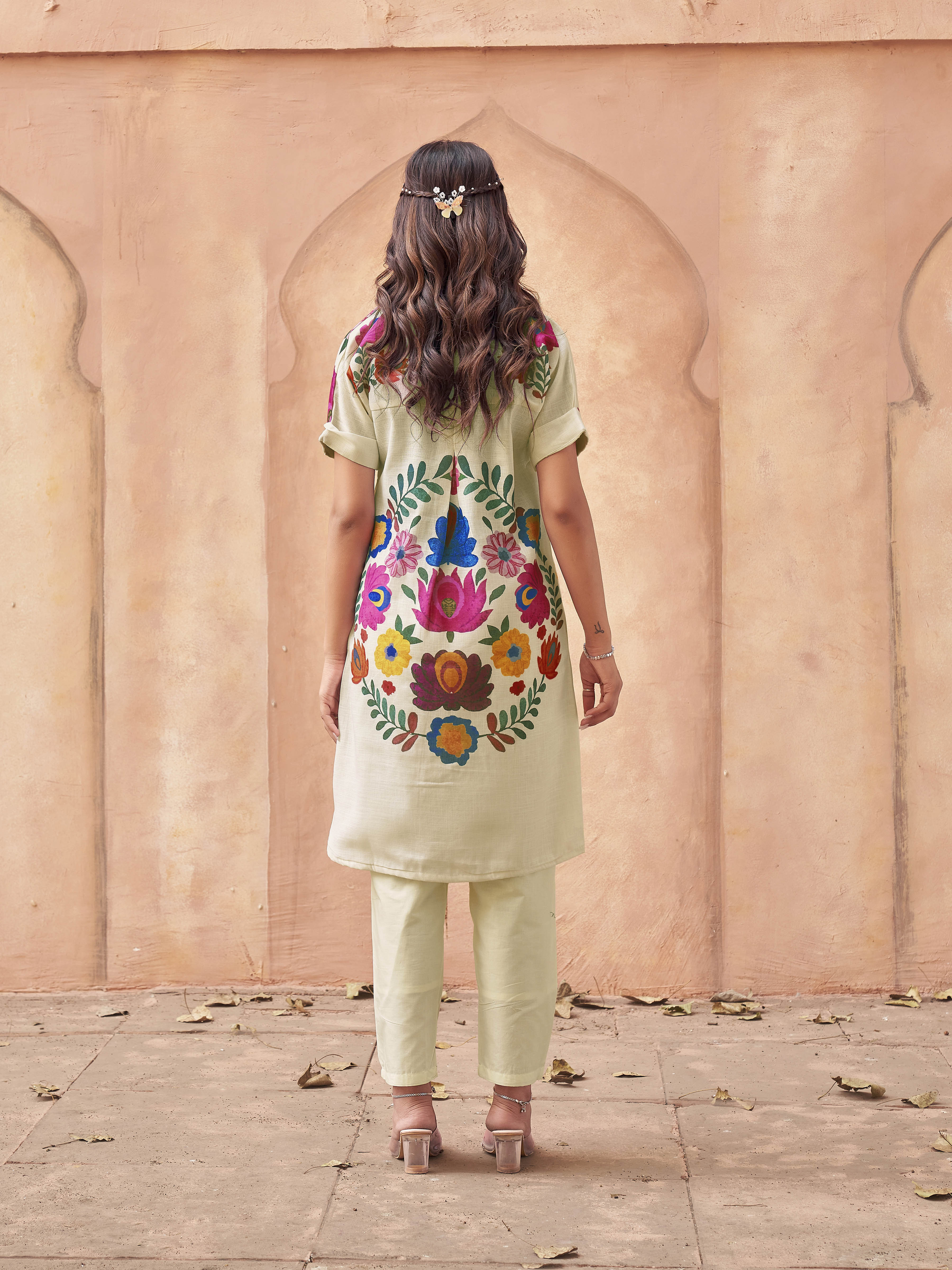 Off white color cotton blend with multi color floral printed up&down tunic & trouser co-ord set