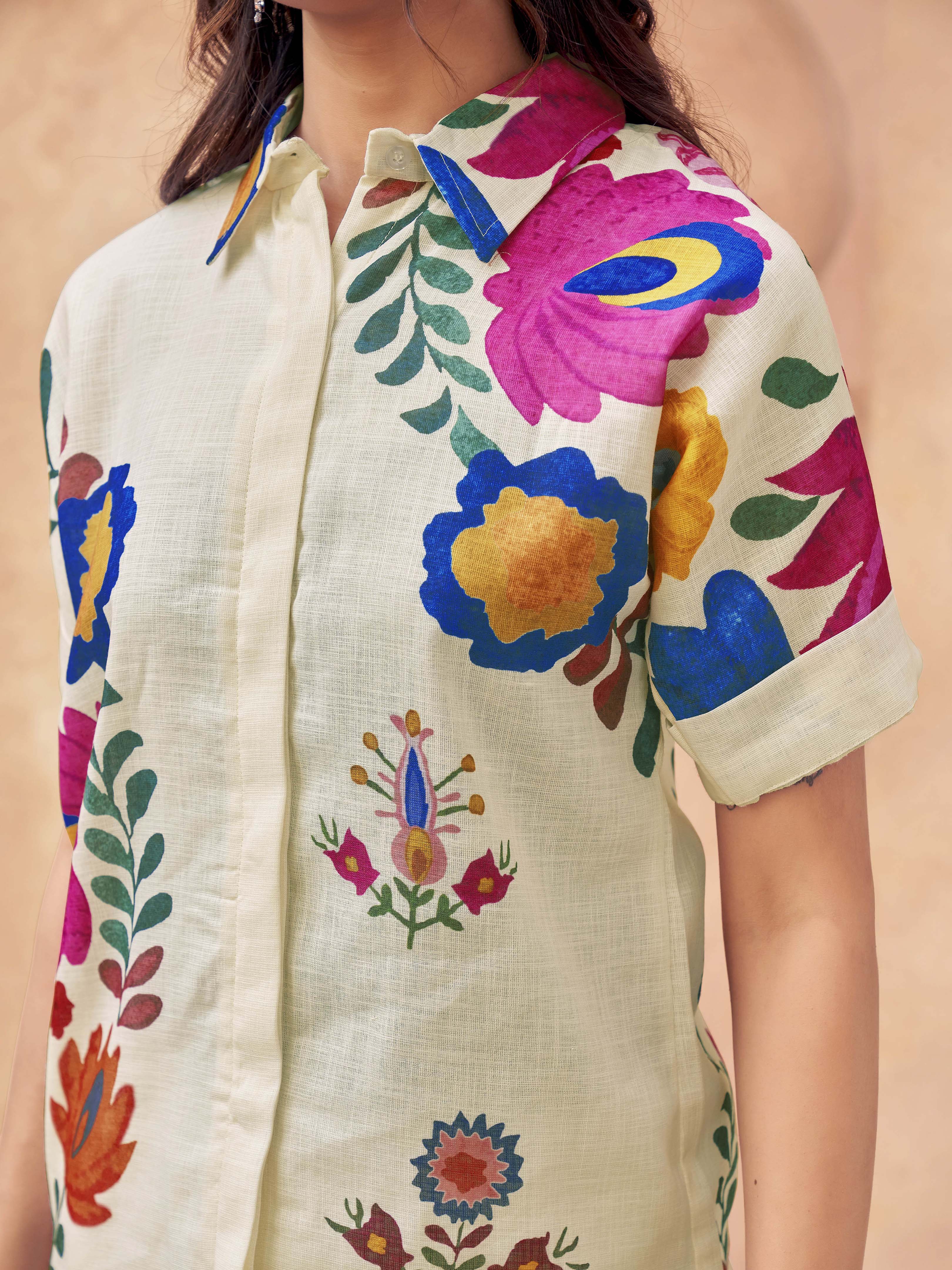 Off white color cotton blend with multi color floral printed up&down tunic & trouser co-ord set