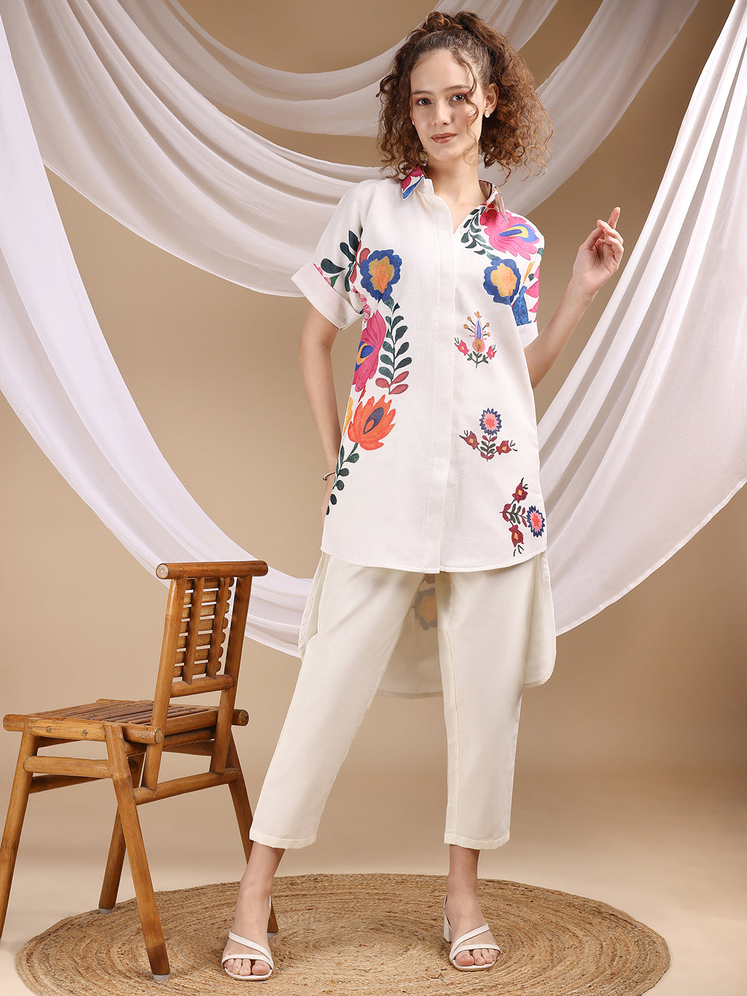 Off White Colored Printed Poly Cotton Up-Down Pattern Co-ords Set