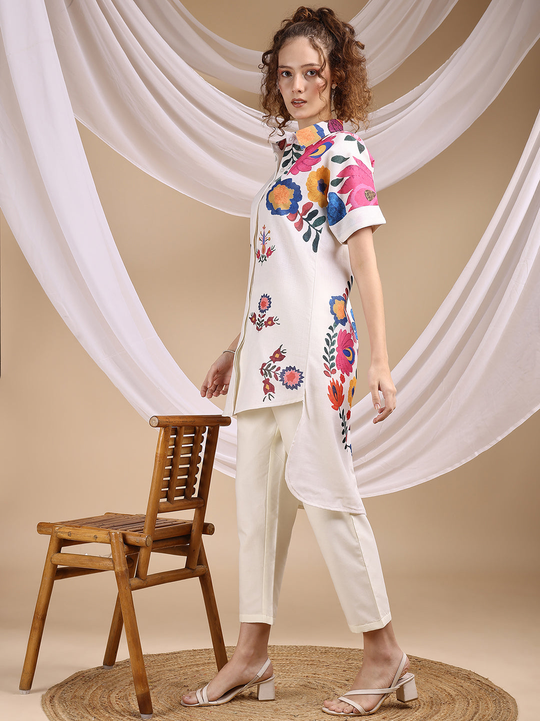 Off White Colored Printed Poly Cotton Up-Down Pattern Co-ords Set