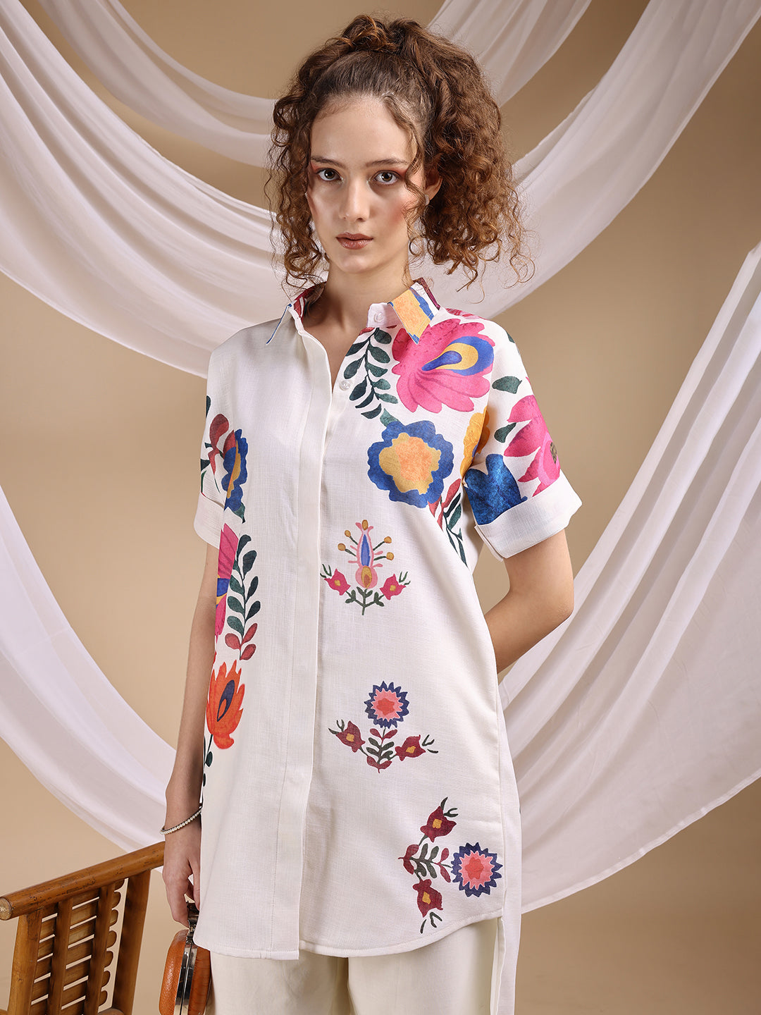 Off White Colored Printed Poly Cotton Up-Down Pattern Co-ords Set