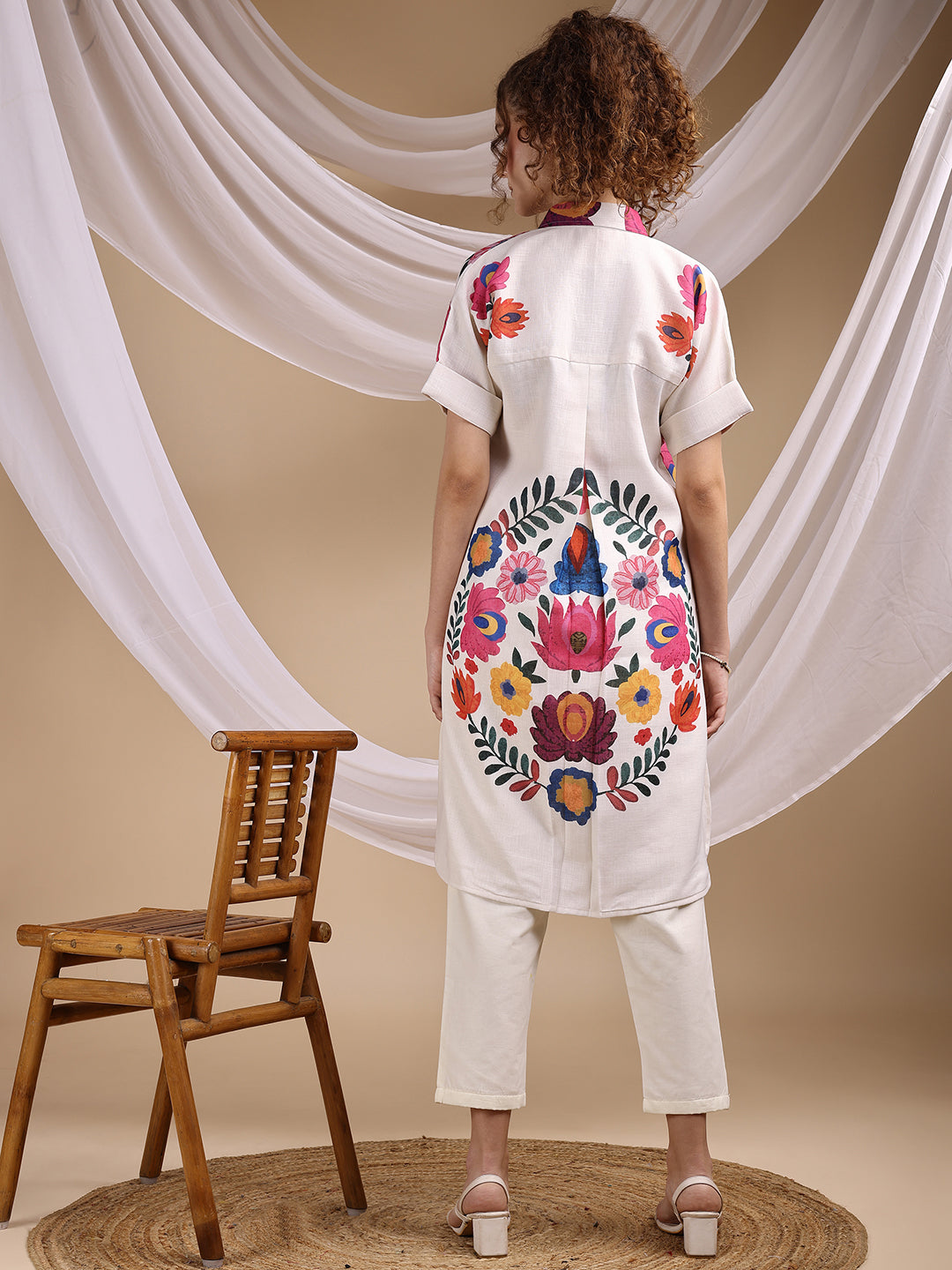 Off White Colored Printed Poly Cotton Up-Down Pattern Co-ords Set