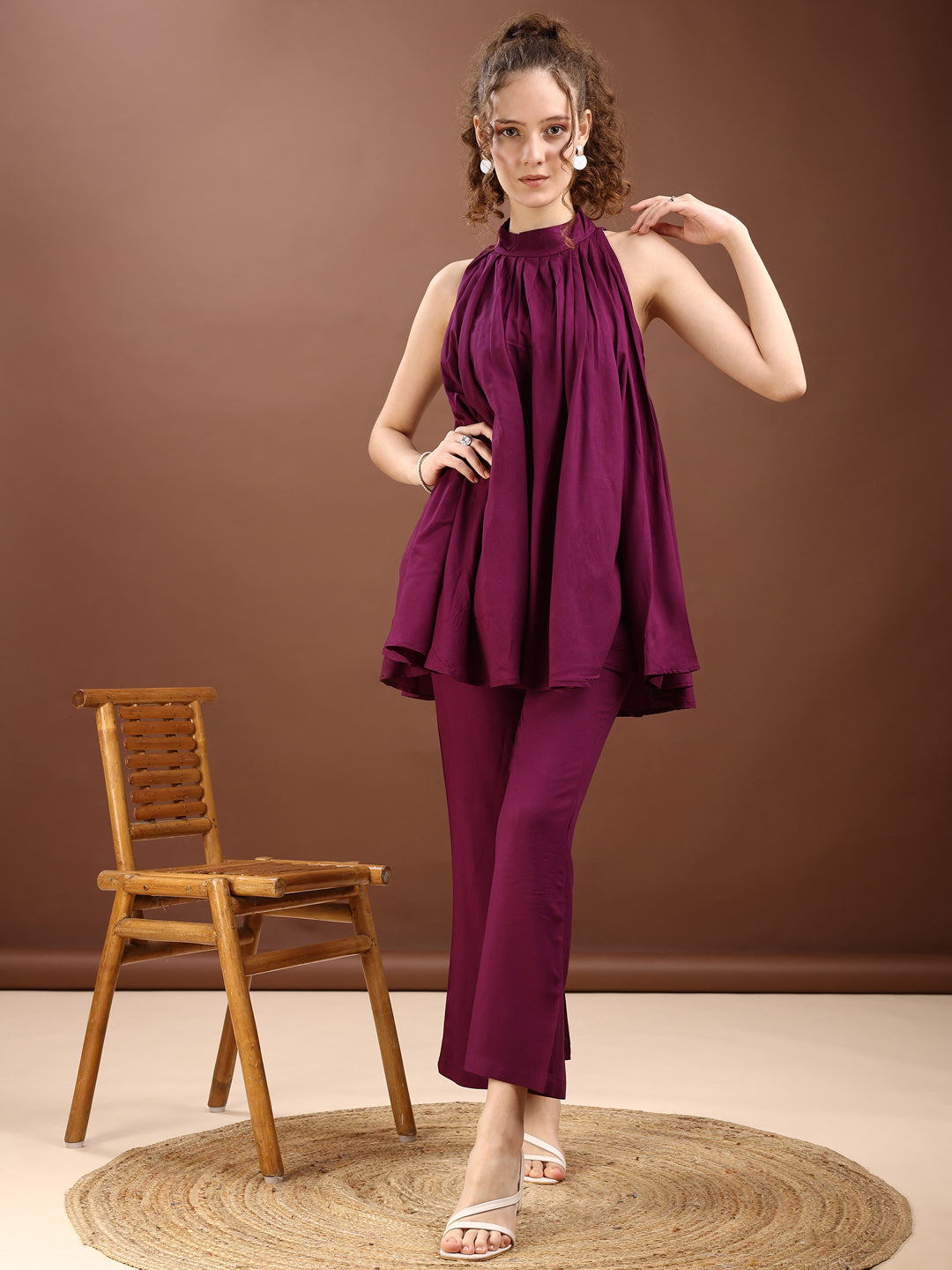 Wine Colored Halter Neck Rayon Sleeveless Top With Bell Bottom Pant Co-ords Set