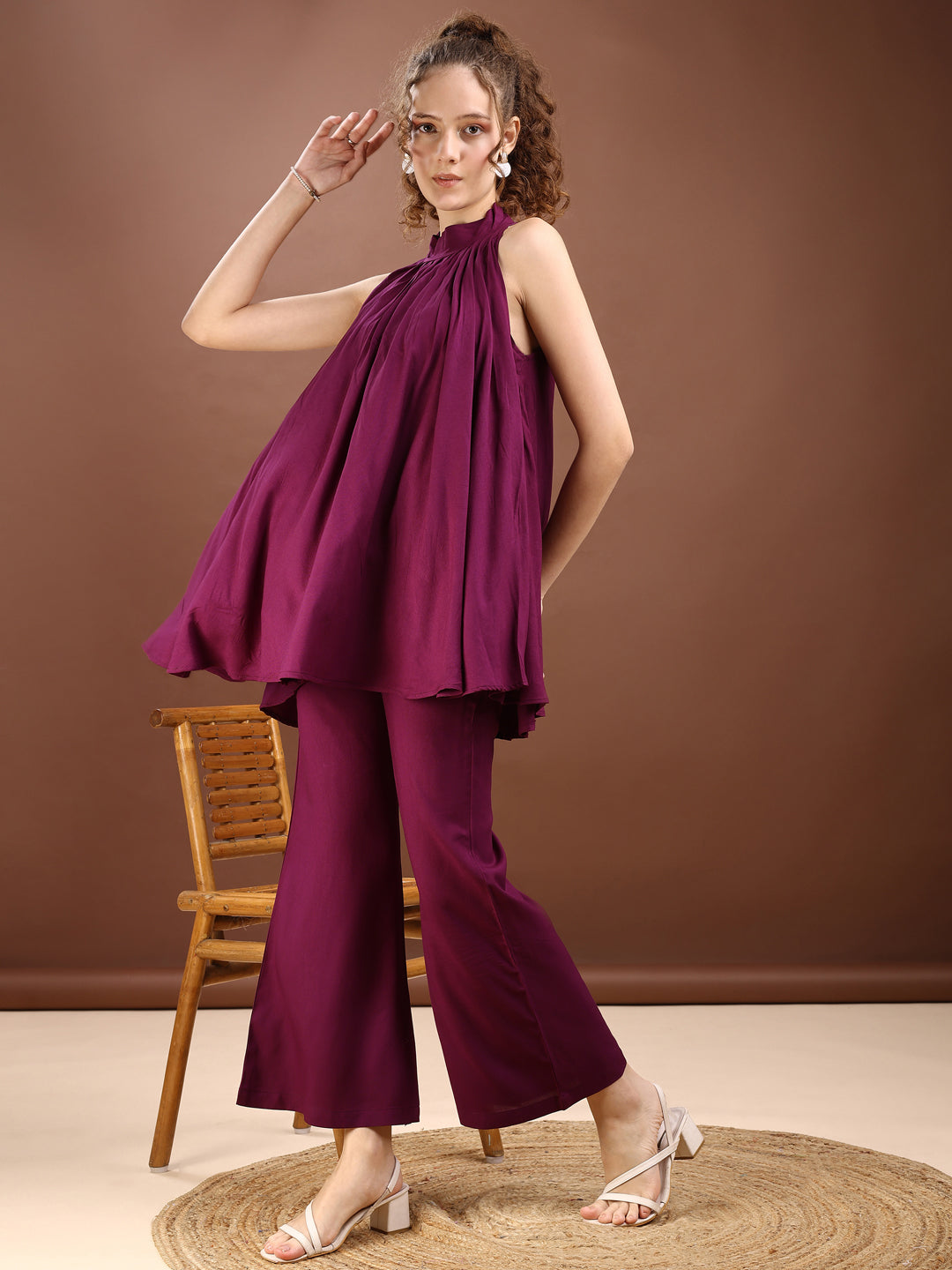 Wine Colored Halter Neck Rayon Sleeveless Top With Bell Bottom Pant Co-ords Set