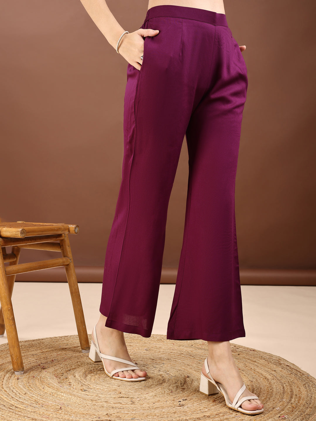Wine Colored Halter Neck Rayon Sleeveless Top With Bell Bottom Pant Co-ords Set