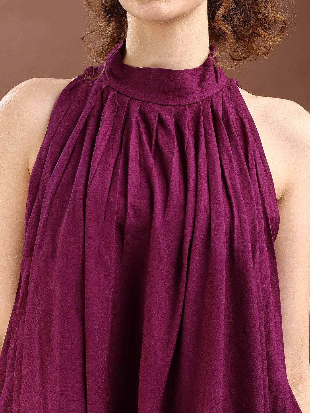 Wine Colored Halter Neck Rayon Sleeveless Top With Bell Bottom Pant Co-ords Set