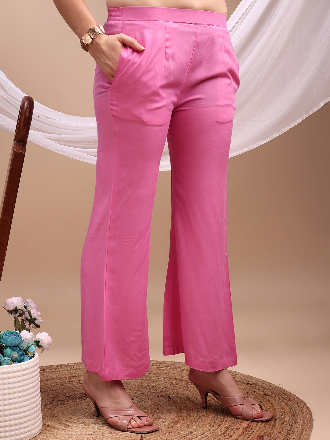 Pink Colored Halter Neck Rayon Sleeveless Top With Bell Bottom Pant Co-ords Set