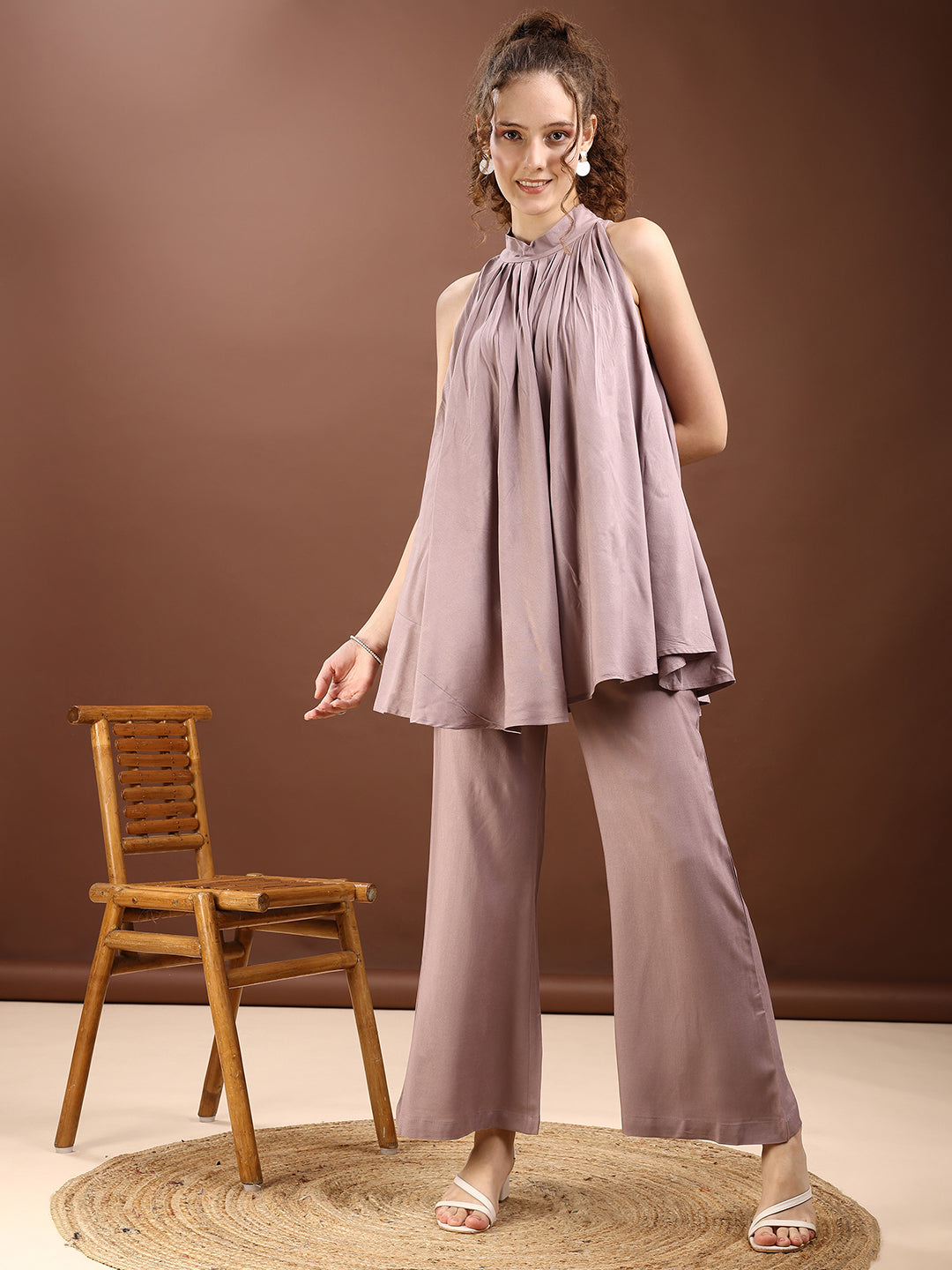 Taupe Colored Halter Neck Rayon Sleeveless Top With Flared Palazzo Co-ords Set