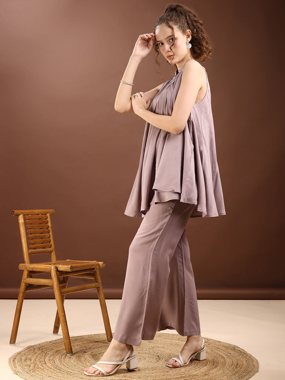 Taupe Colored Halter Neck Rayon Sleeveless Top With Flared Palazzo Co-ords Set