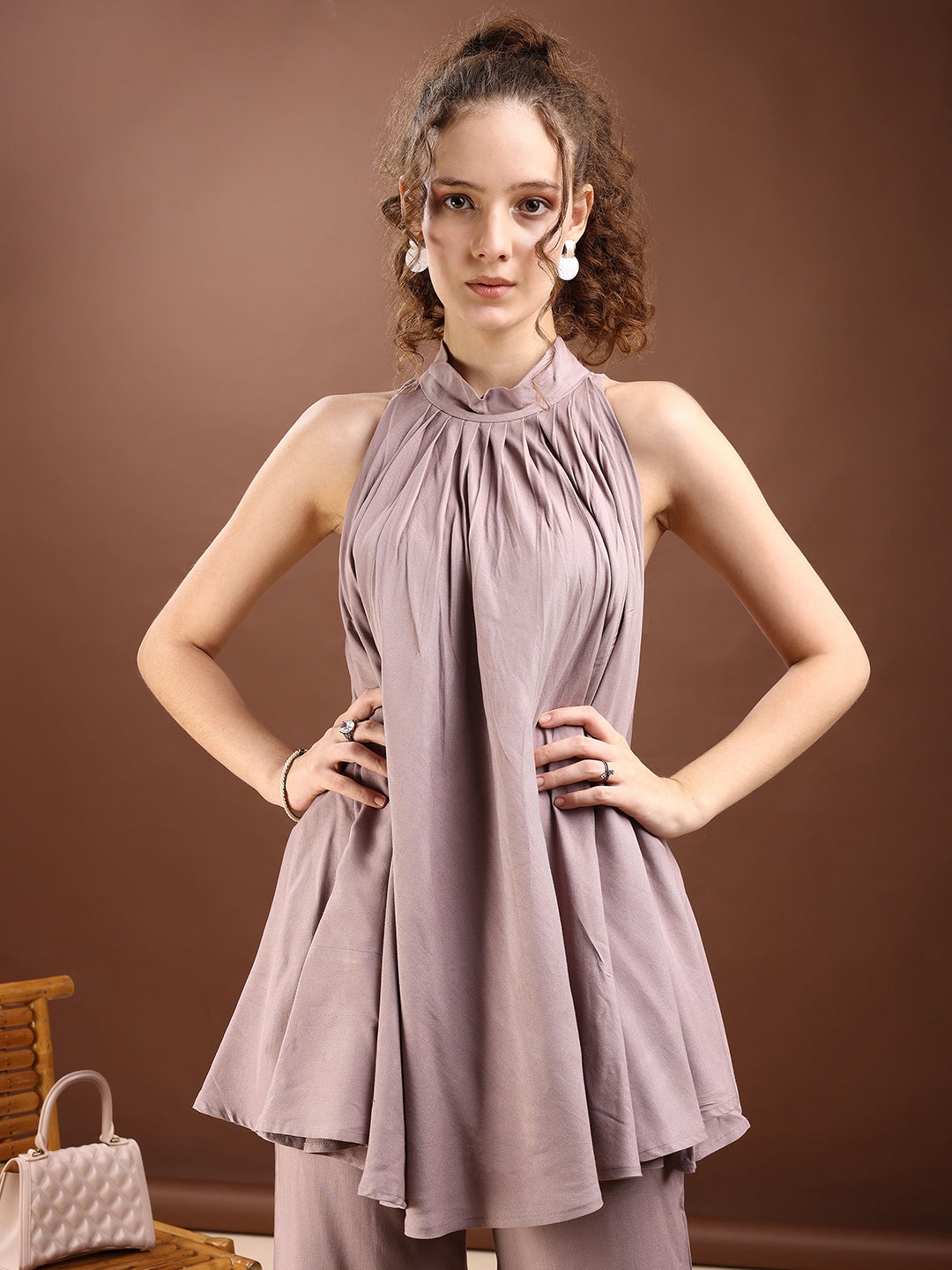 Taupe Colored Halter Neck Rayon Sleeveless Top With Flared Palazzo Co-ords Set