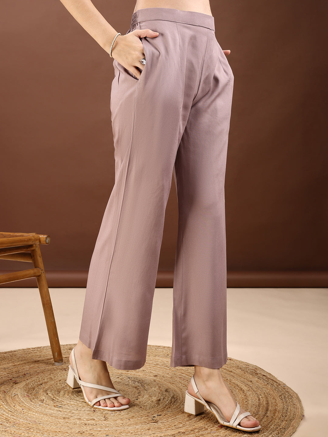 Taupe Colored Halter Neck Rayon Sleeveless Top With Flared Palazzo Co-ords Set