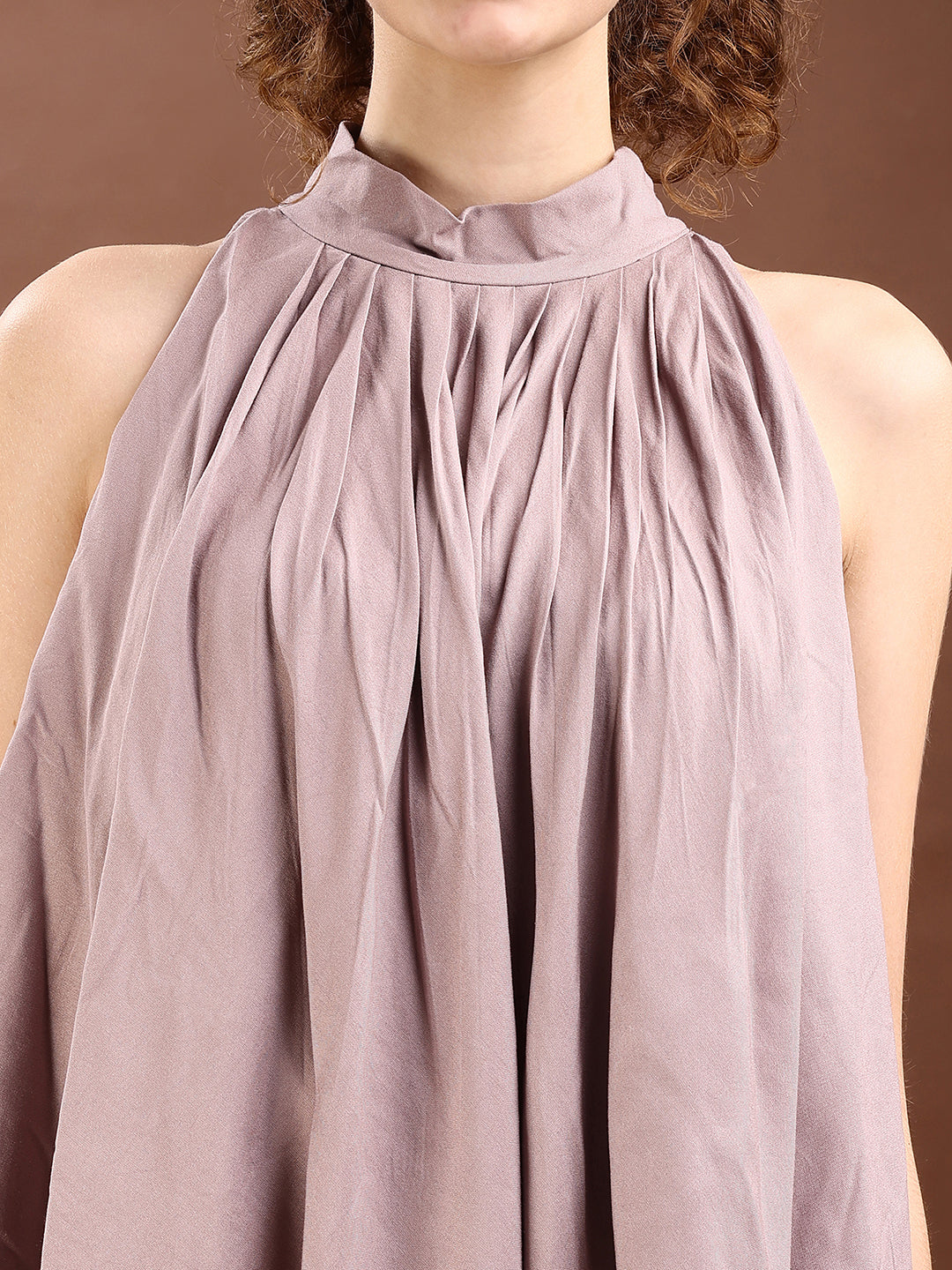 Taupe Colored Halter Neck Rayon Sleeveless Top With Flared Palazzo Co-ords Set