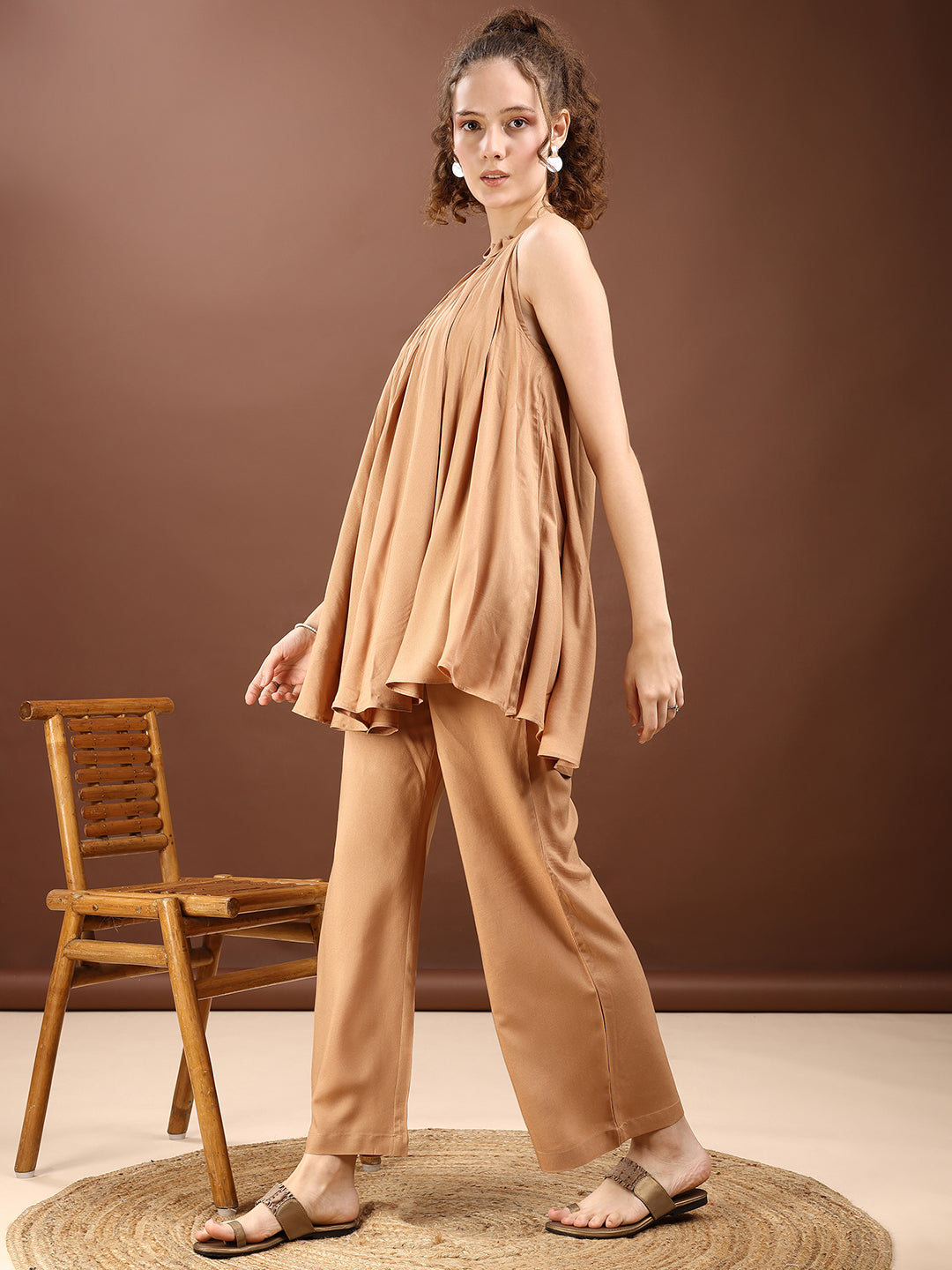 Khaki Colored Halter Neck Rayon Sleeveless Top With Flared Palazzo Co-ords Set