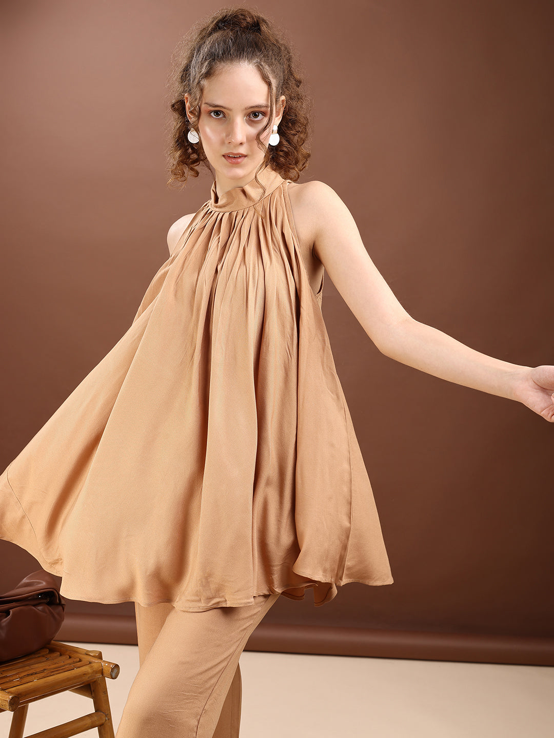 Khaki Colored Halter Neck Rayon Sleeveless Top With Flared Palazzo Co-ords Set