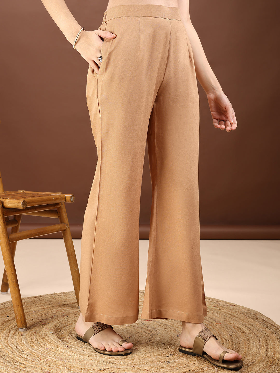 Khaki Colored Halter Neck Rayon Sleeveless Top With Flared Palazzo Co-ords Set