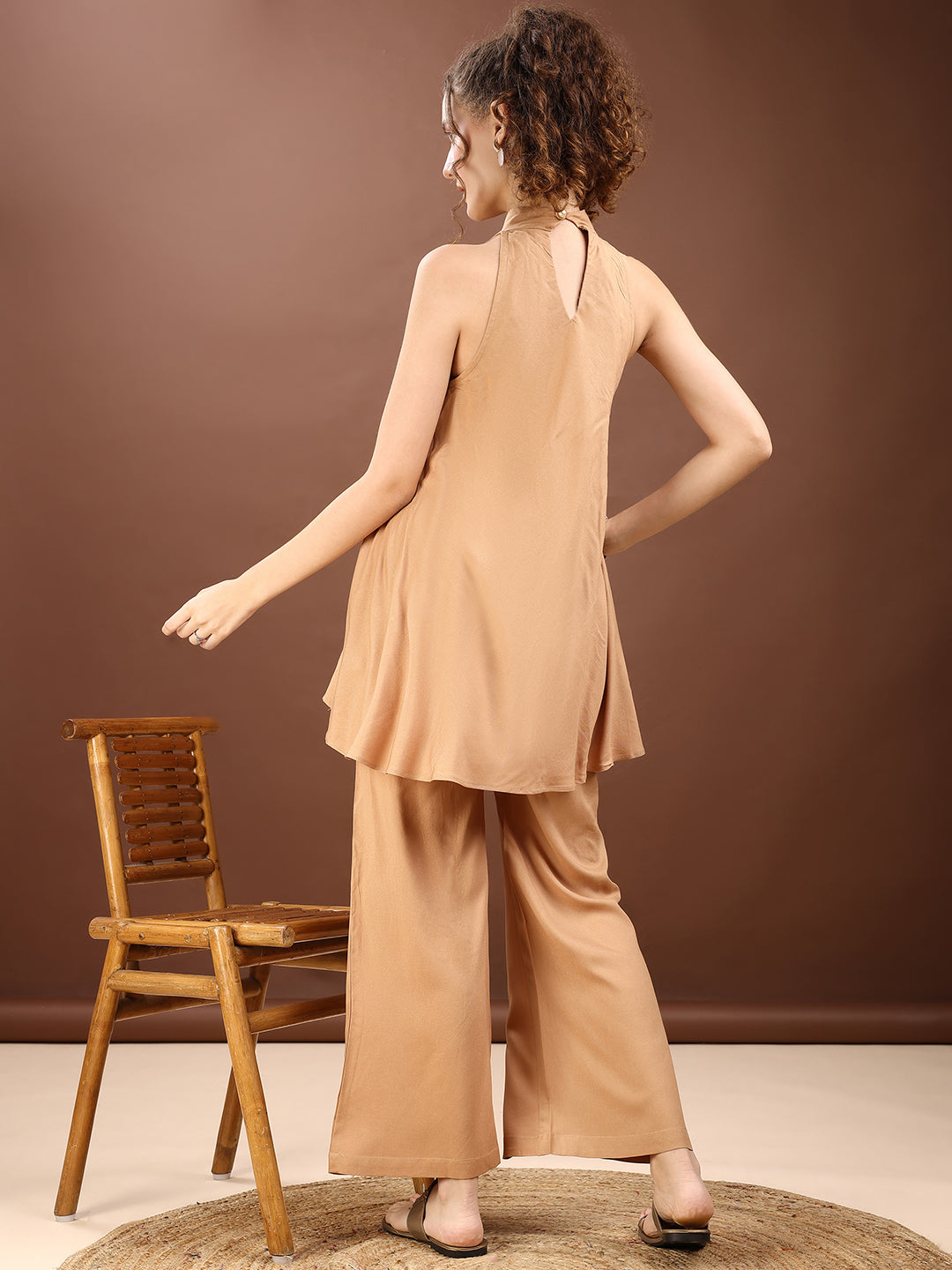Khaki Colored Halter Neck Rayon Sleeveless Top With Flared Palazzo Co-ords Set