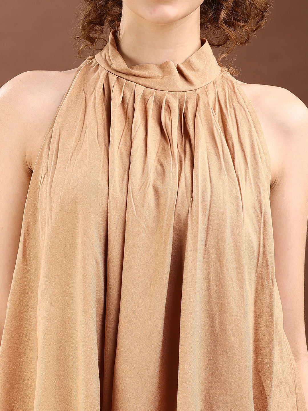 Khaki Colored Halter Neck Rayon Sleeveless Top With Flared Palazzo Co-ords Set