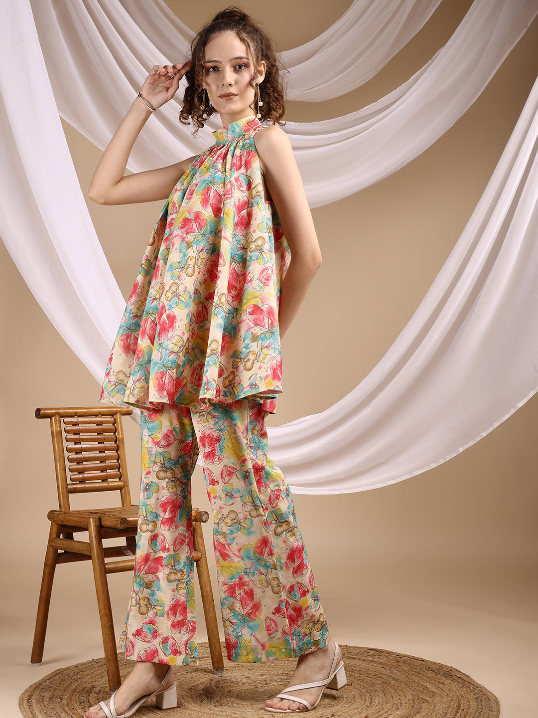 Multi Colored Halter Neck Rayon Sleeveless Top With Flared Palazzo Co-ords Set