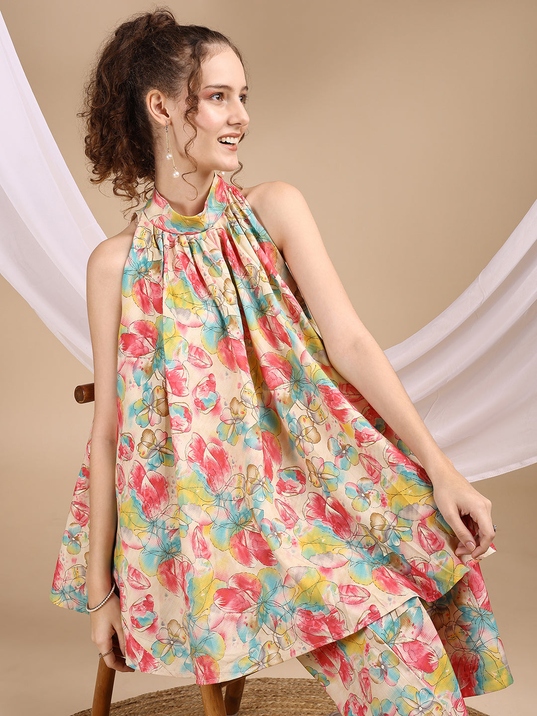 Multi Colored Halter Neck Rayon Sleeveless Top With Flared Palazzo Co-ords Set