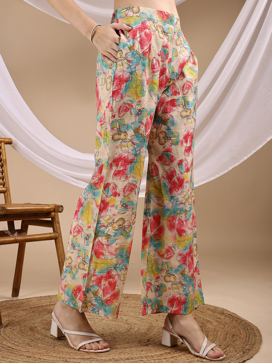 Multi Colored Halter Neck Rayon Sleeveless Top With Flared Palazzo Co-ords Set